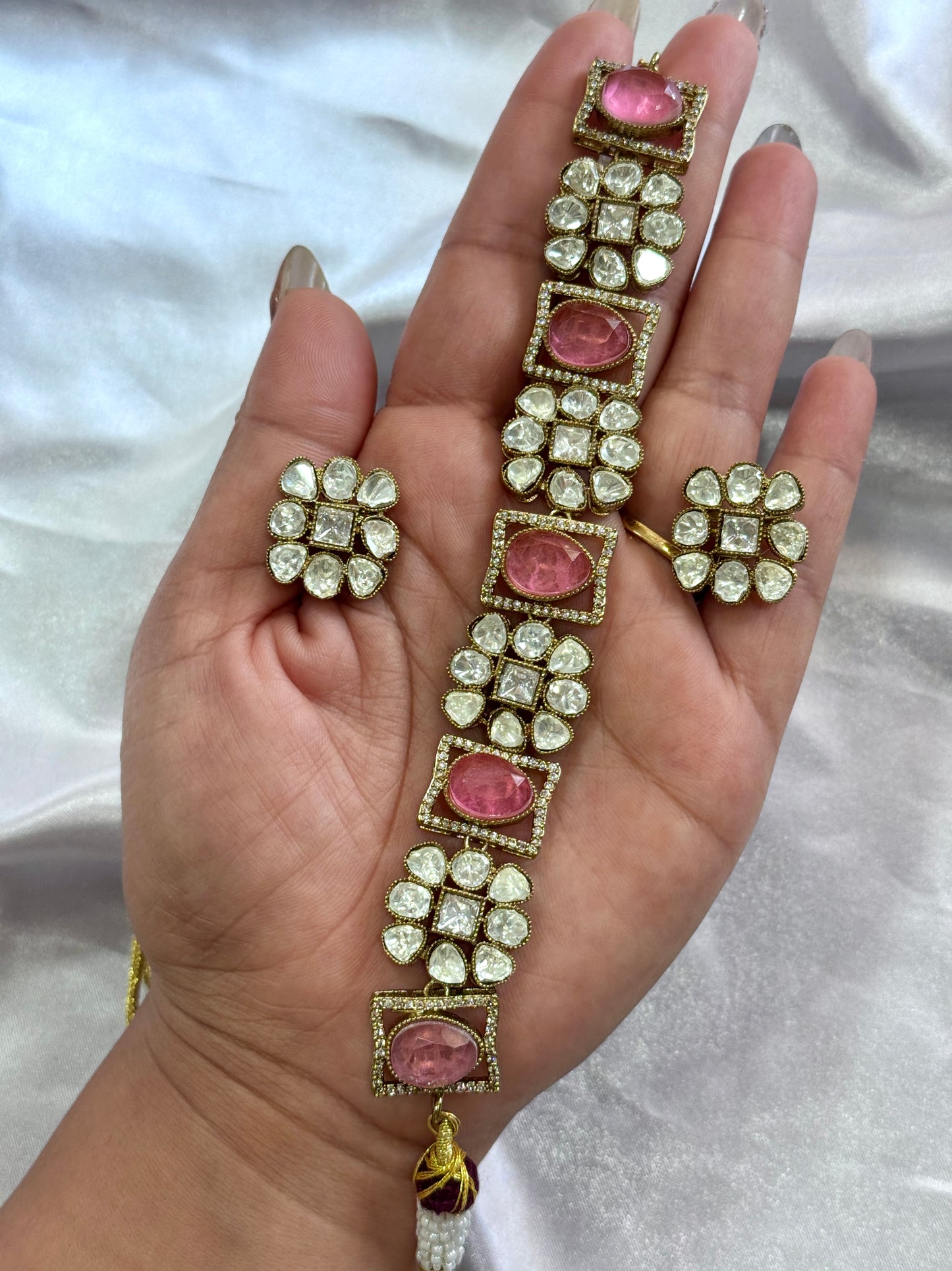 Premium moissanite necklace set(Baby pink)