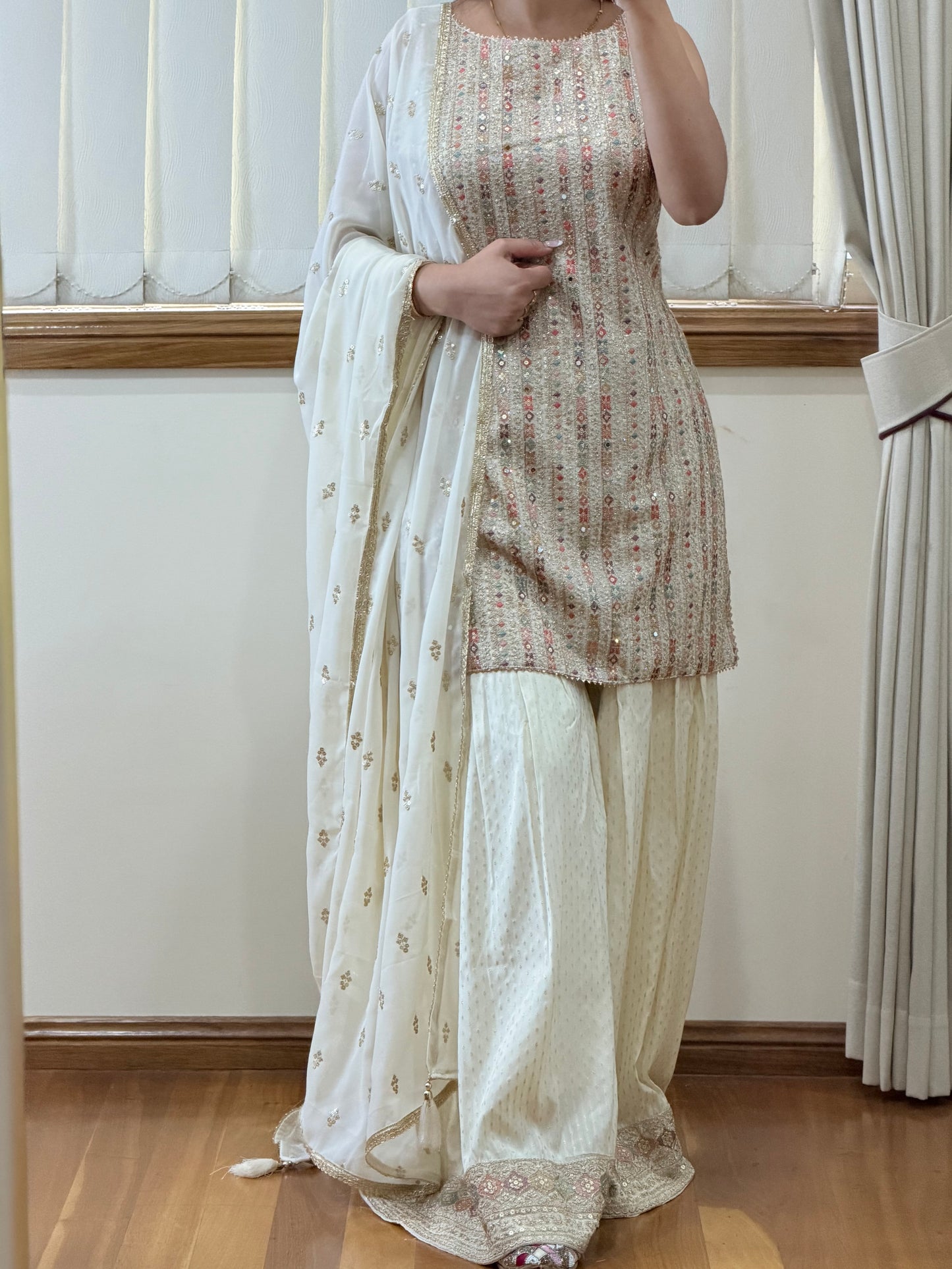 Premium Georgette Embroidered Charara Set with Swarovski Zarkan Work ( Ready size 40 with margin upto 44)