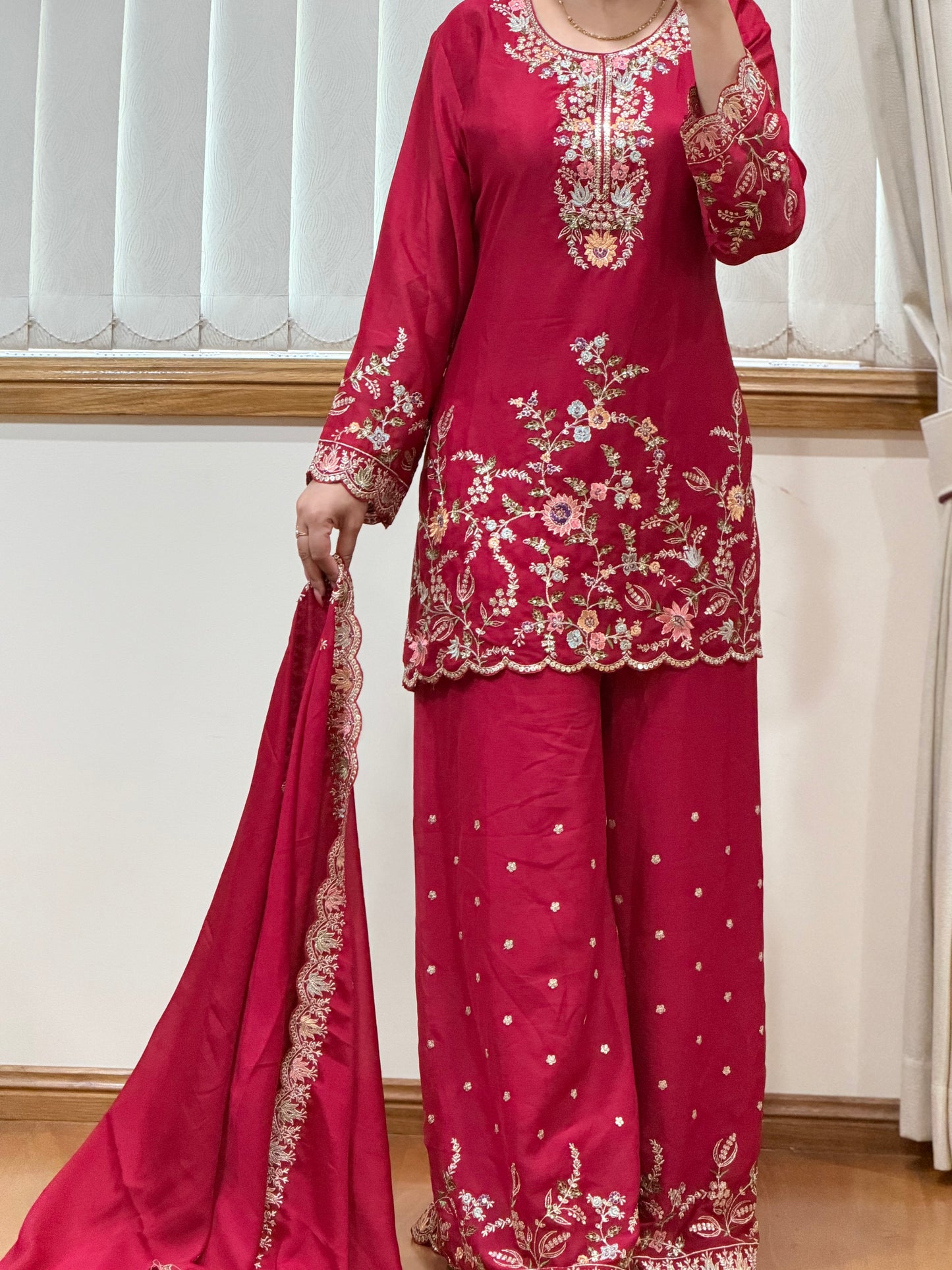 Premium Blooming Chinon Embroidered Plazo Suit Set