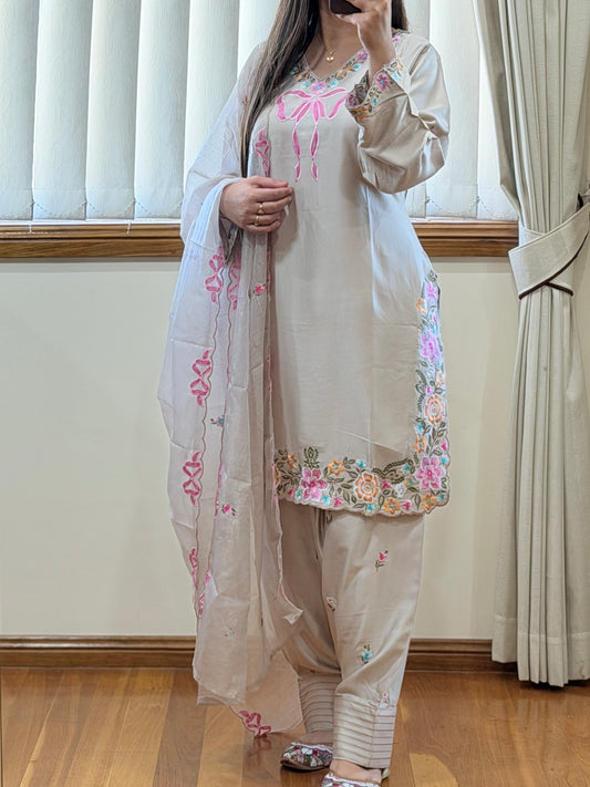 Premium Satin Rayon Embroidered Suit Set with Farshi Salwar