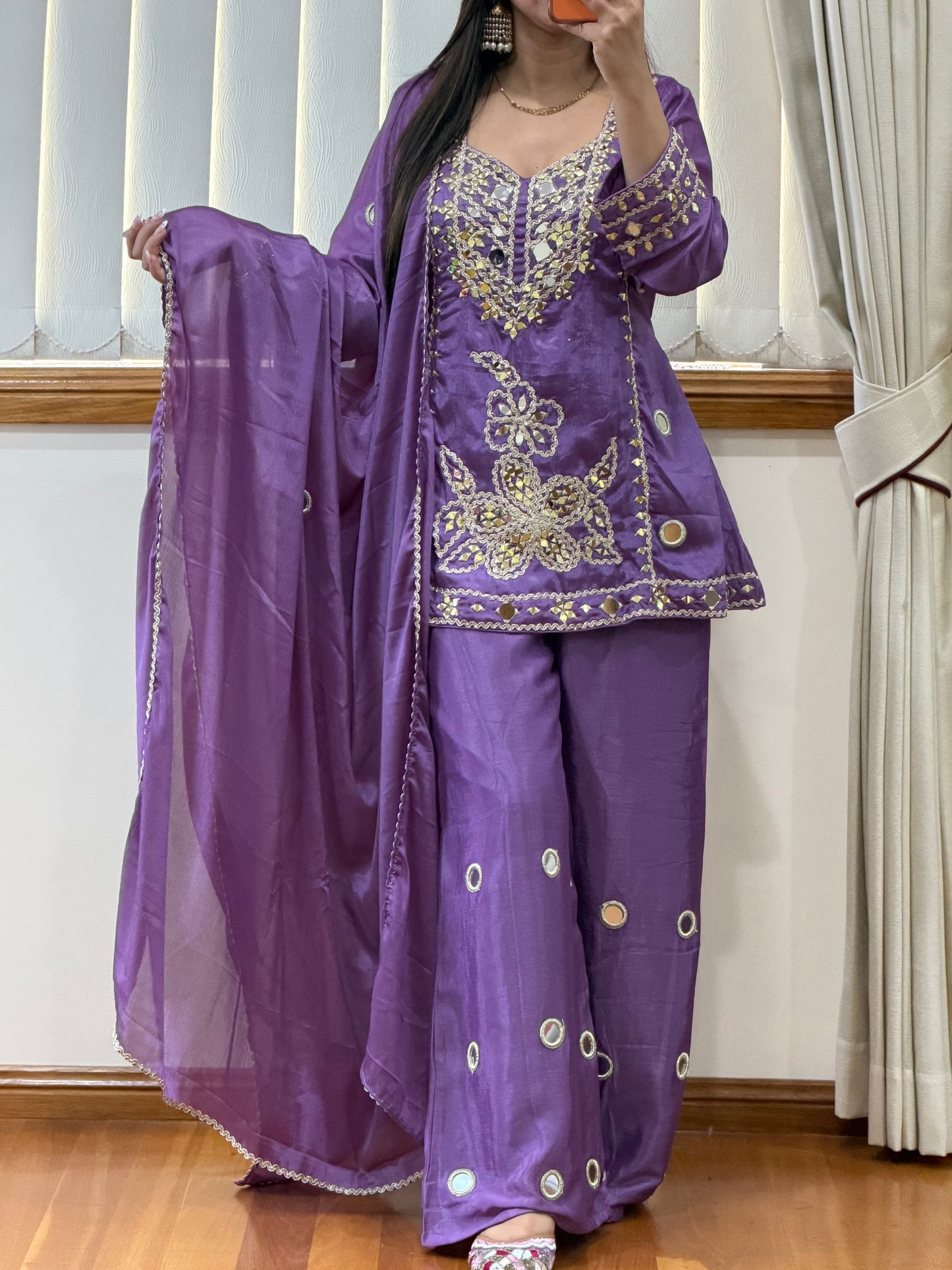 Premium Simar Silk Hand Mirror Work Gharara Set (Ready Size: 39 with margin upto 42)