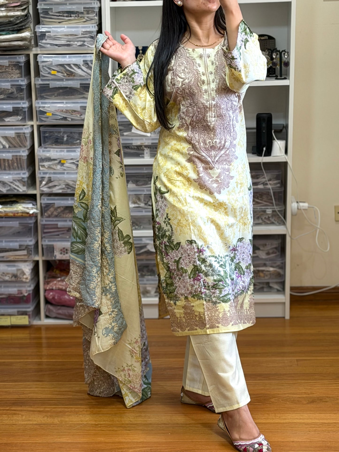 Elegant Cotton Pakistani Suit with Neck Patch & Digital Print