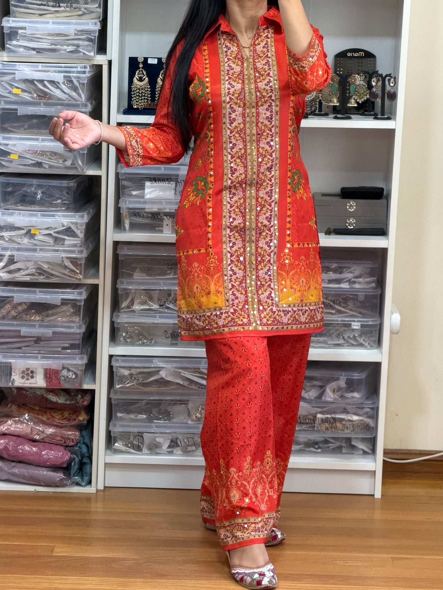 Premium Chinon Mirror Work Cord Set with Digital Print Bottom