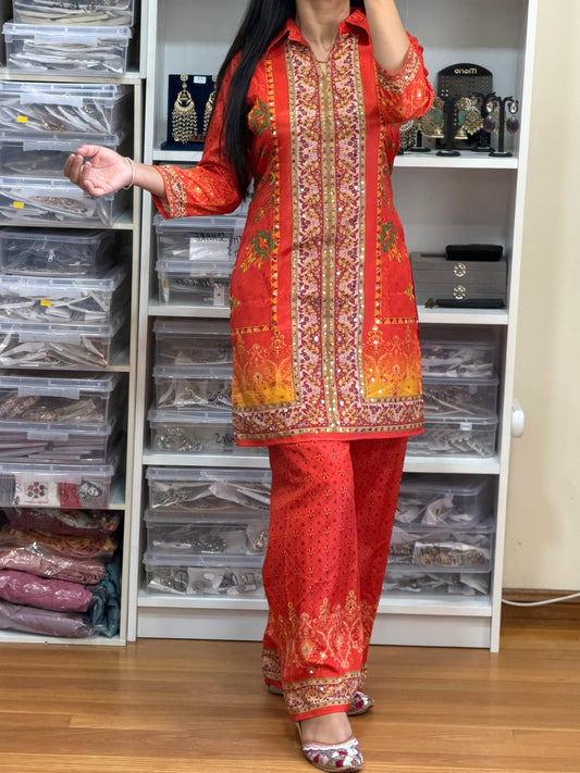 Premium Chinon Mirror Work Cord Set with Digital Print Bottom