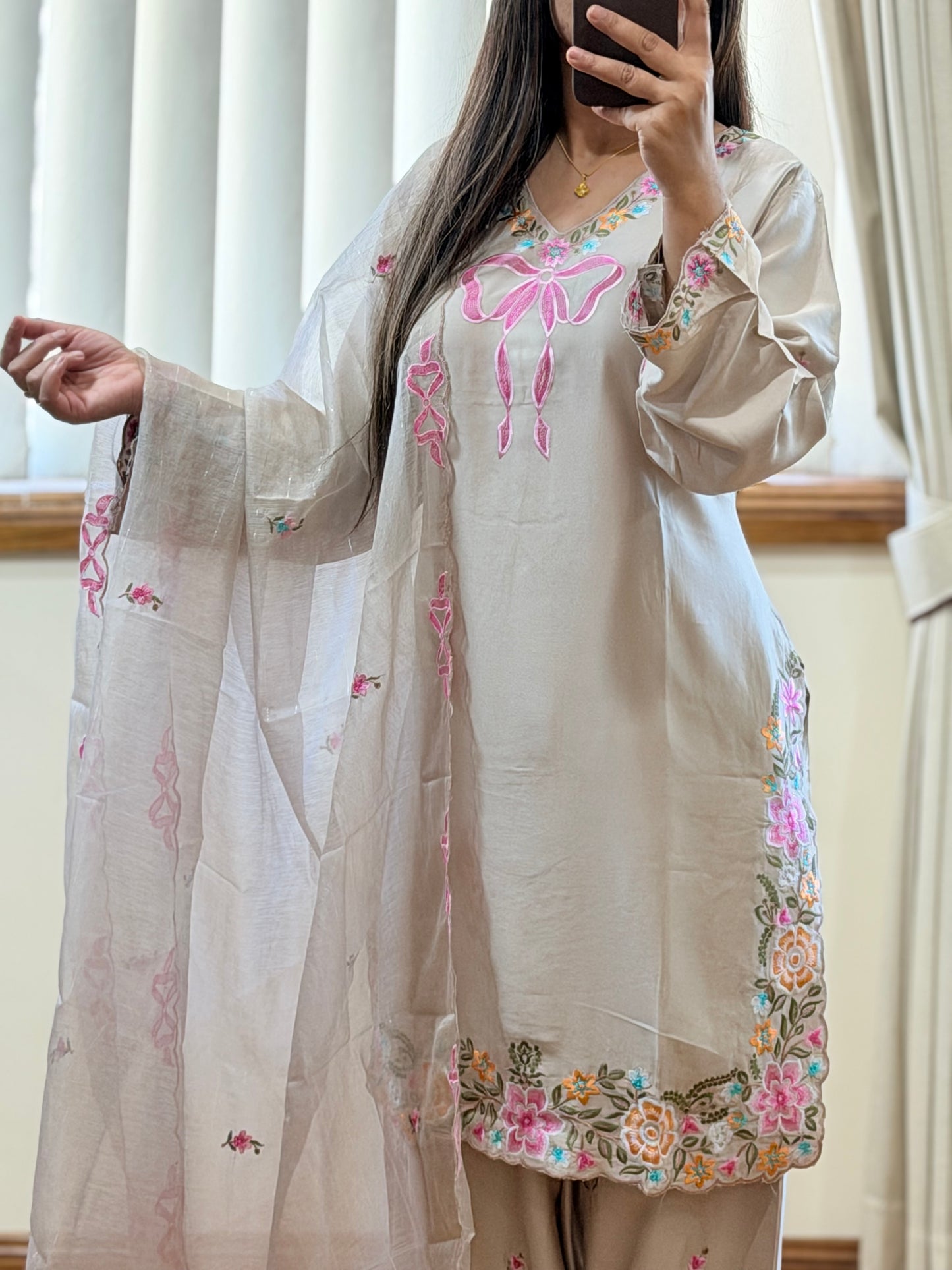 Premium Satin Rayon Embroidered Suit Set with Farshi Salwar