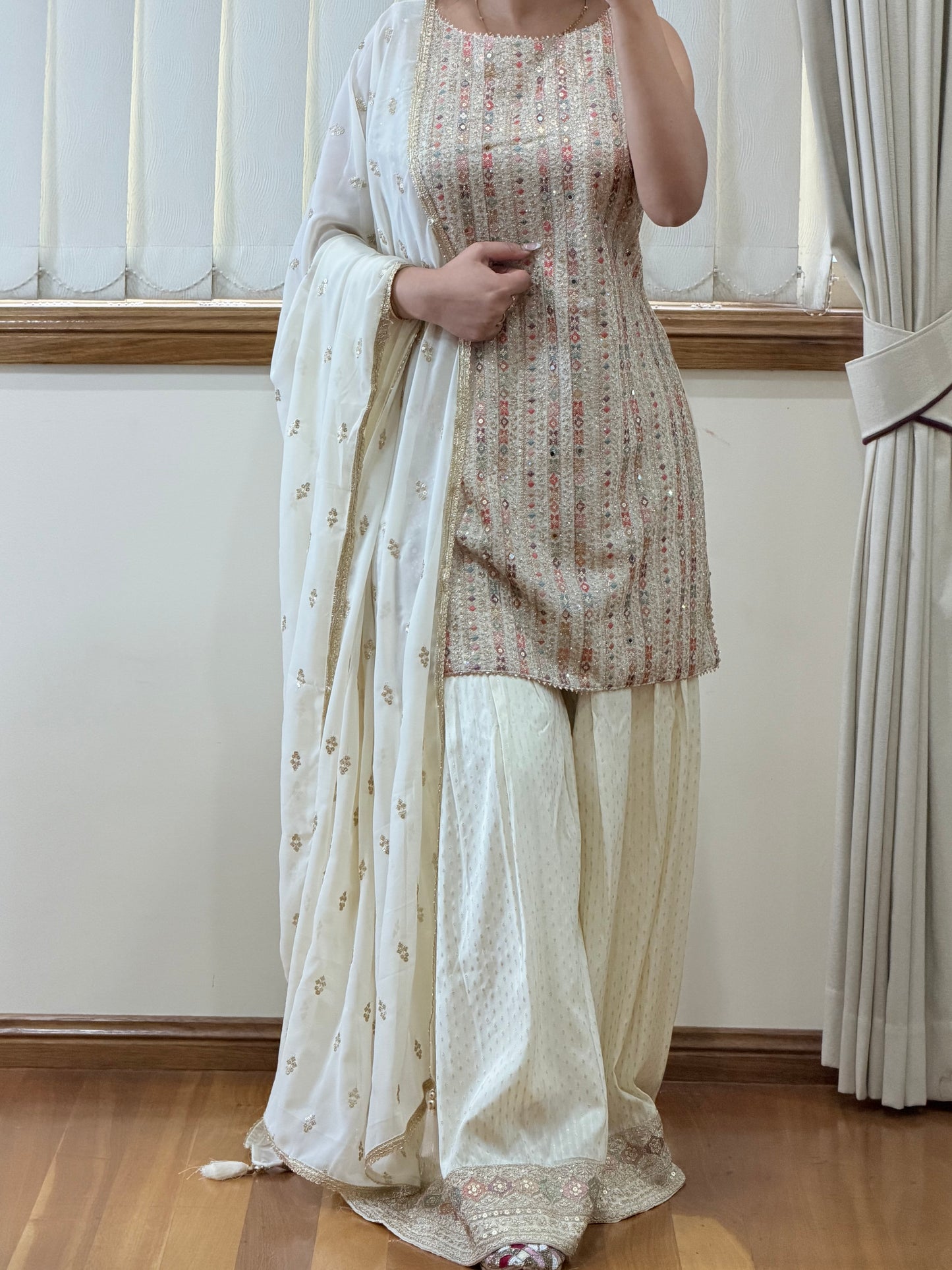 Premium Georgette Embroidered Charara Set with Swarovski Zarkan Work ( Ready size 40 with margin upto 44)