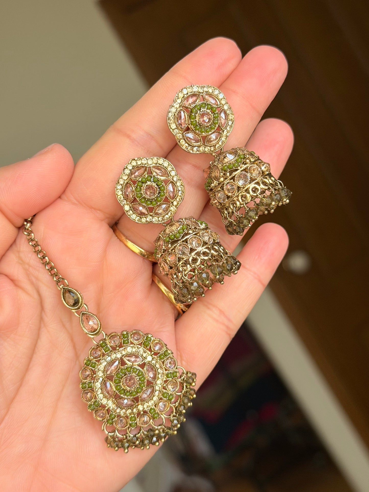 Polki jhumki tikka set (olive green)