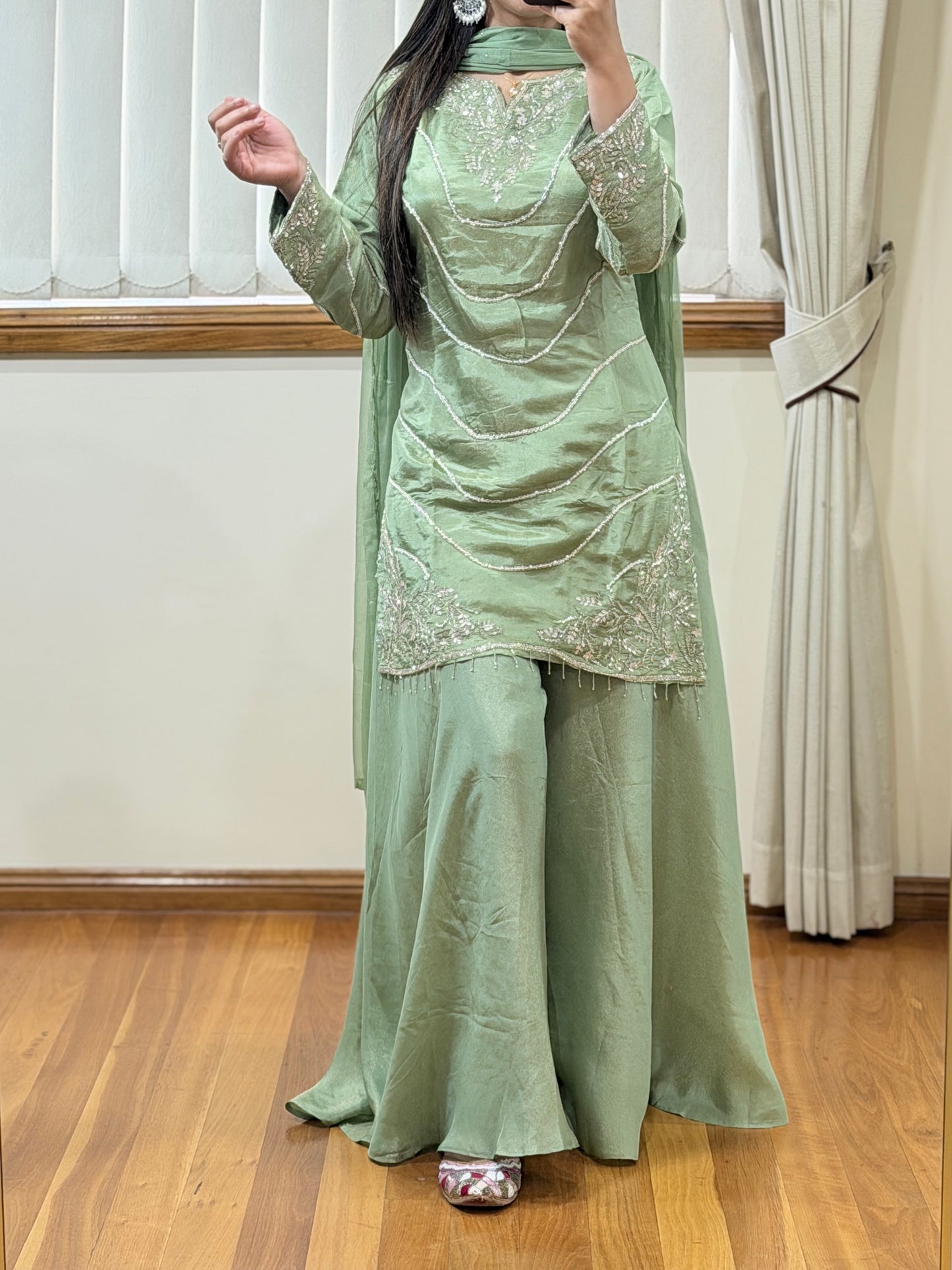 Pure Viscose Shimmer Suit with Heavy Handwork