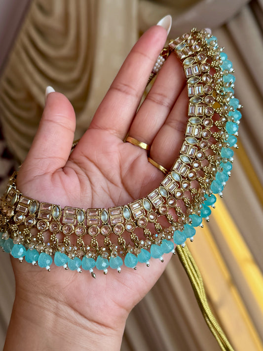Polki necklace set baby blue