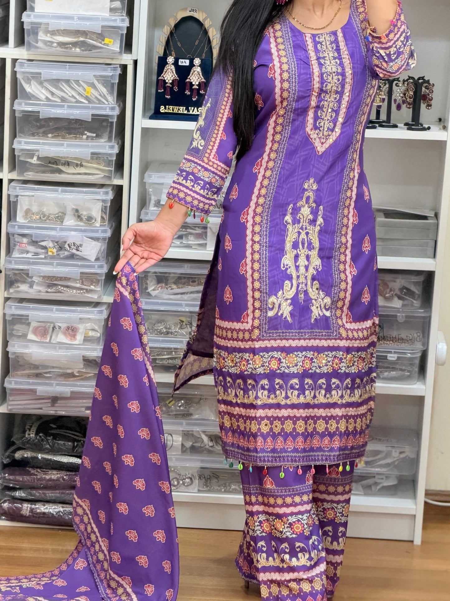 Lavender Digital Printed Crepe Silk Suit with Mirror & Tilla Work