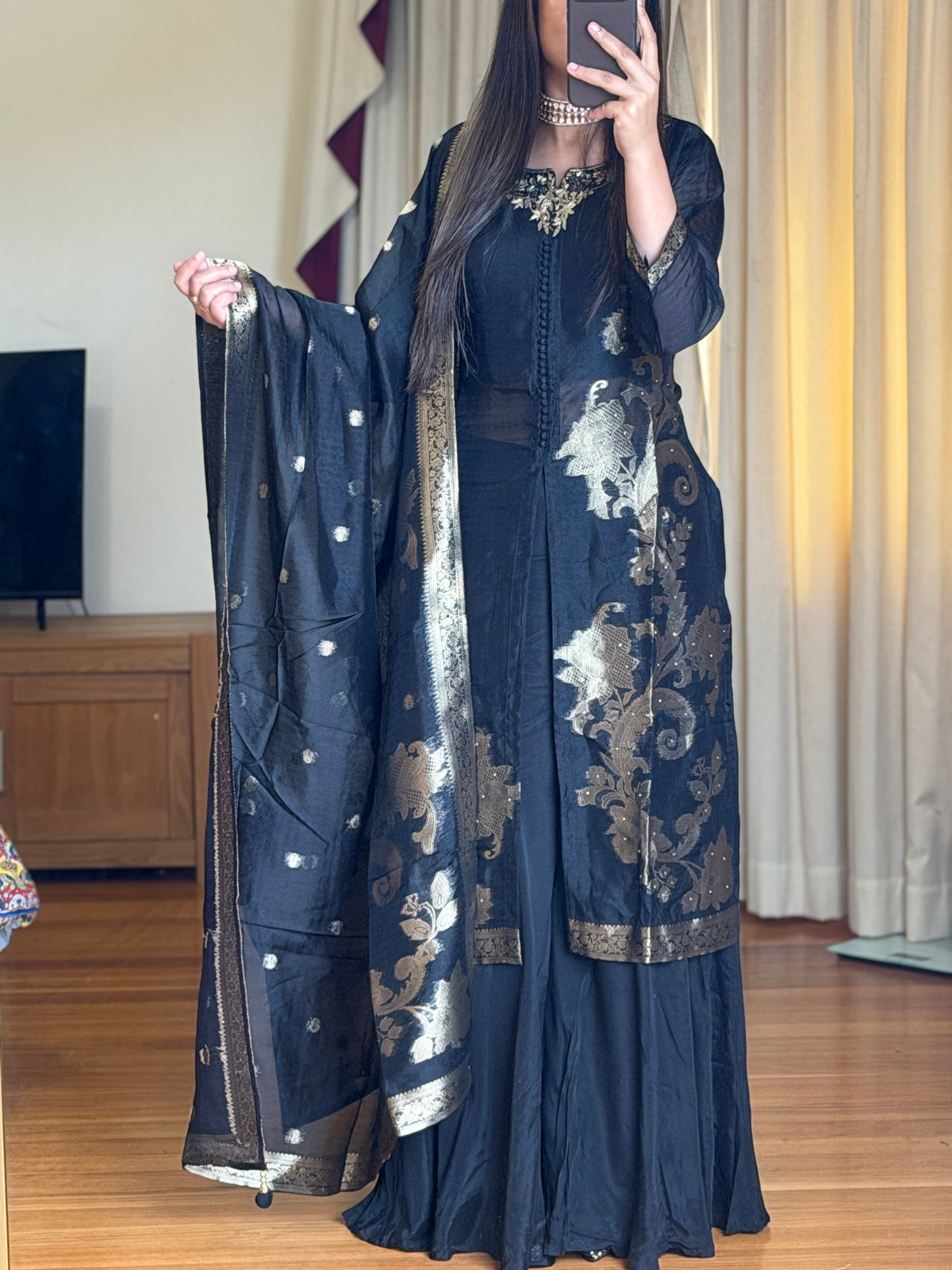 ✨ Elegant Black & Gold Embroidered Suit Set ✨
