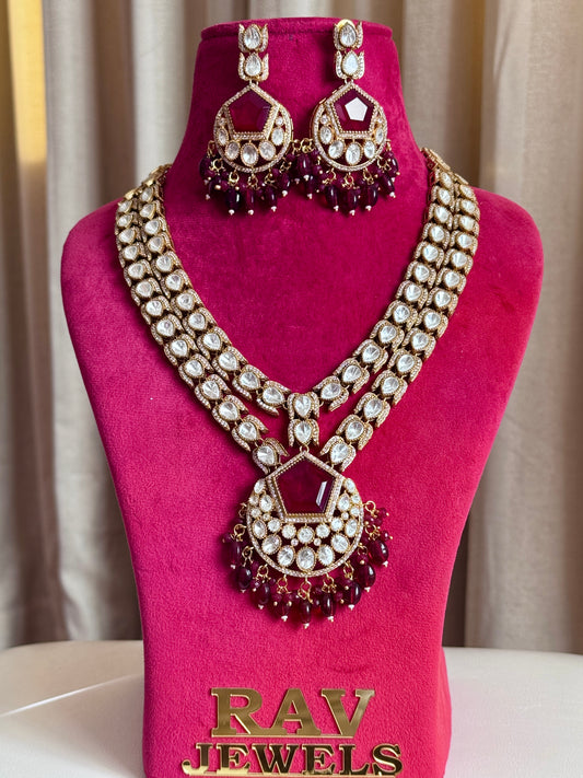 Premium moissanite Tyani inspired medium long necklace set( Mehroon)