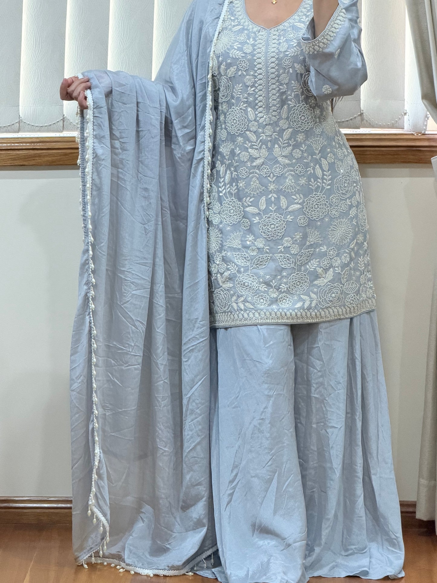 Premium Pure Chinon Heavy Beads Work Sharara Suit(Powder Blue / Ice Blue )