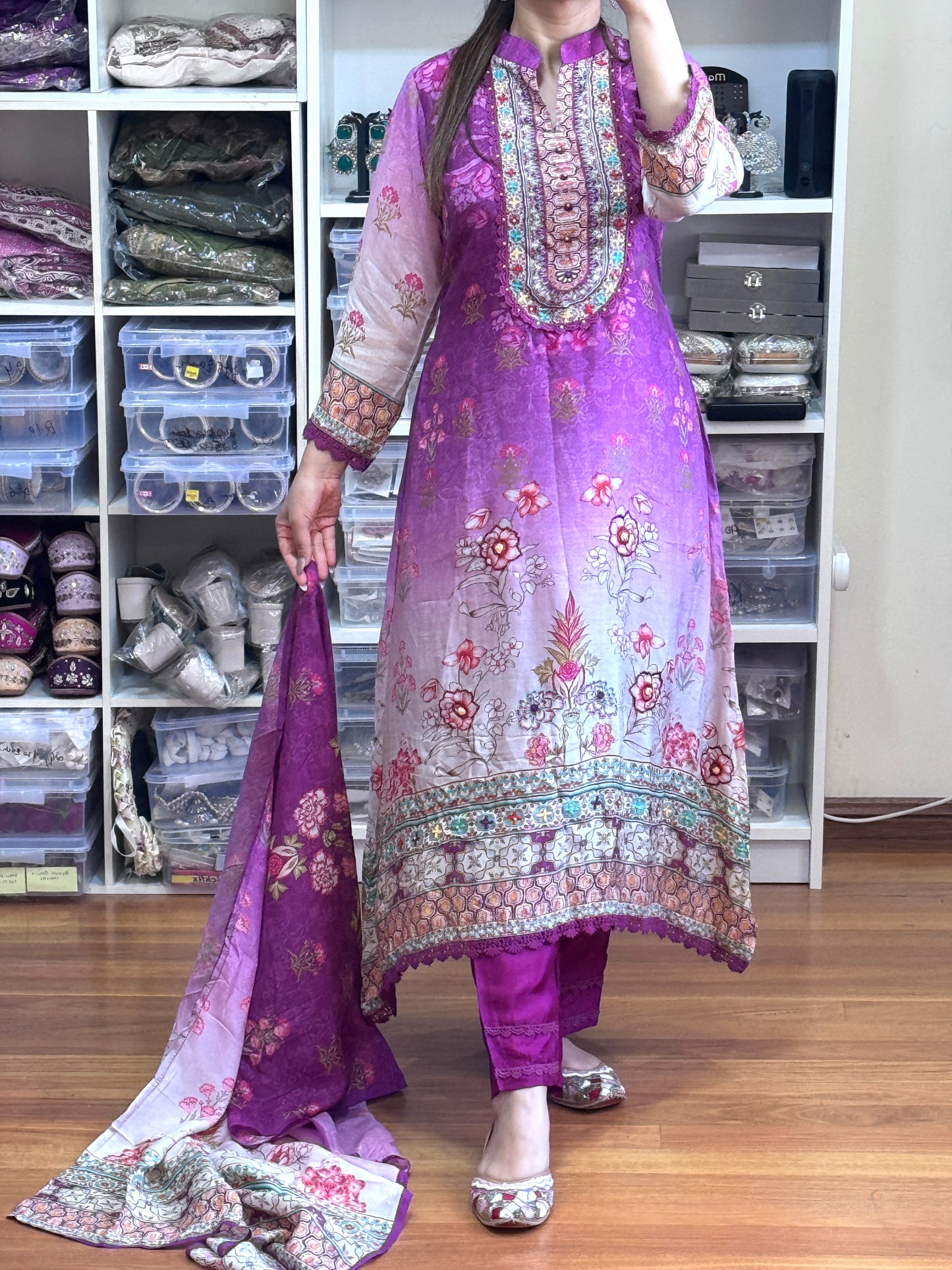 Pure maslin with hand work and digital print suit