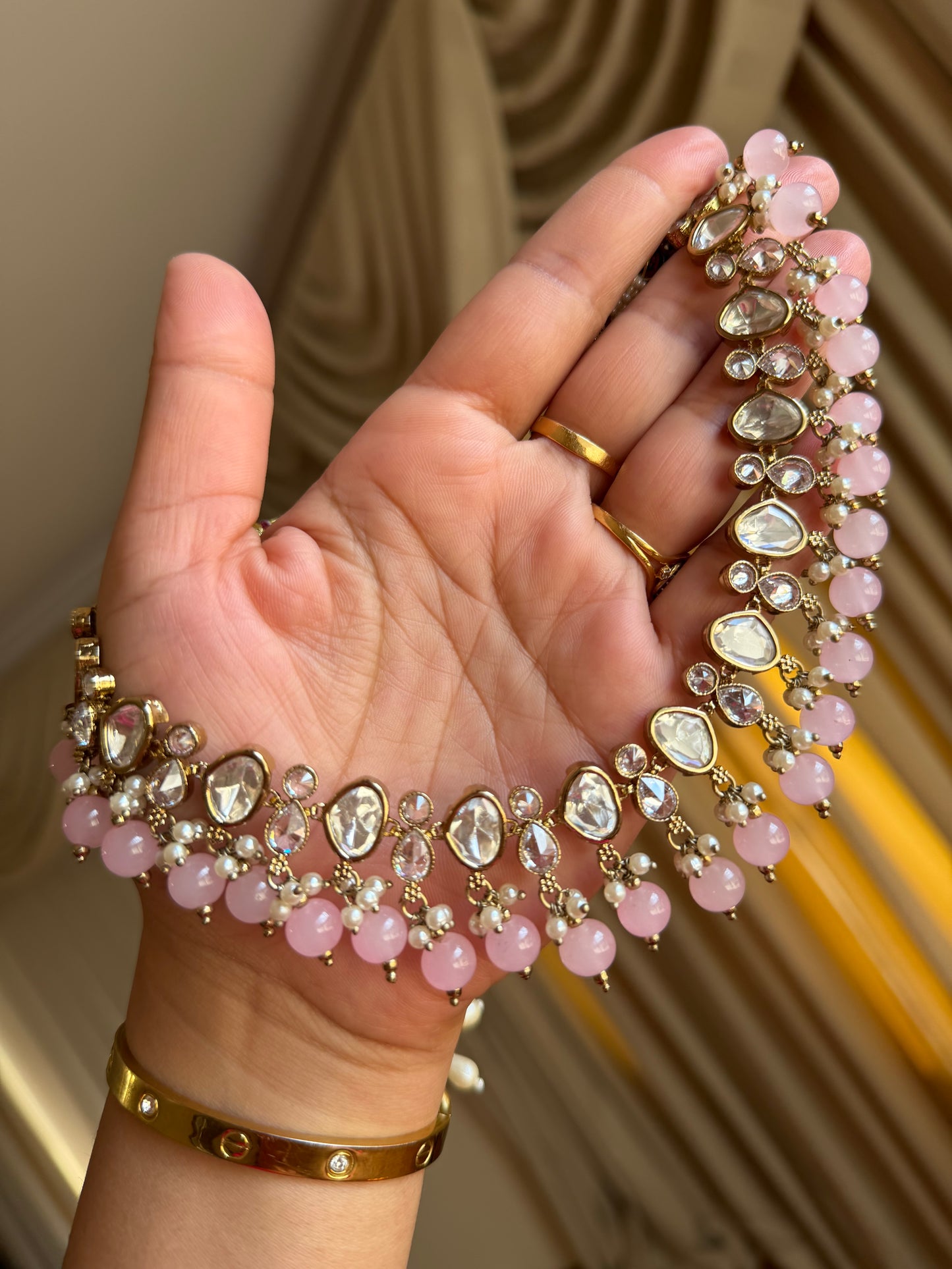 Premium tyani with polki necklace set( Baby pink)