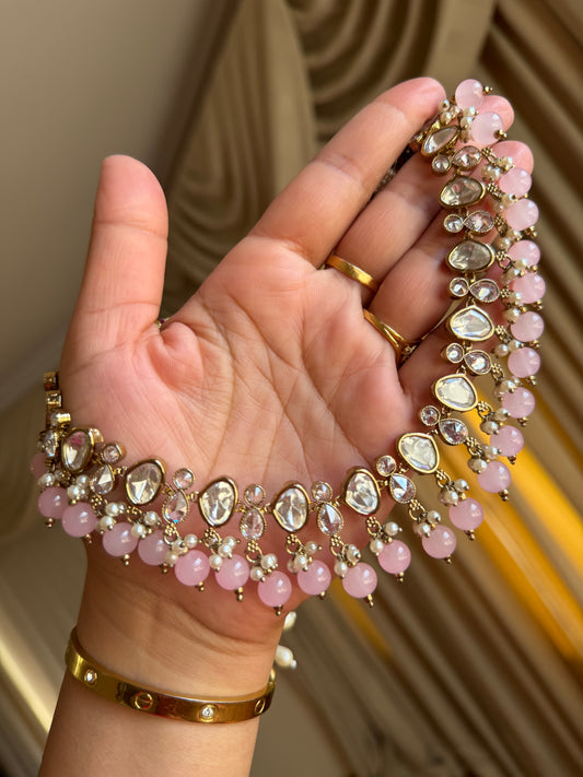 Premium tyani with polki necklace set( Baby pink)