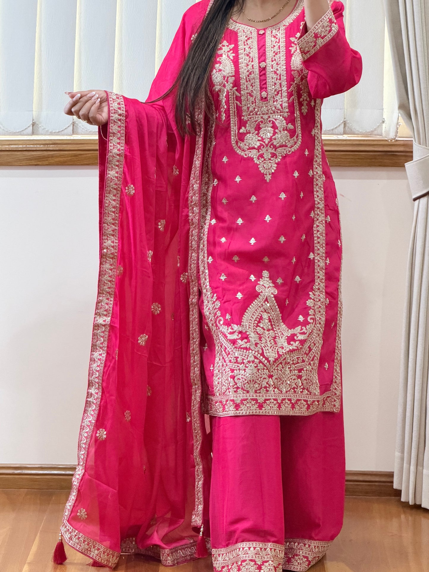 Premium Chinon Silk Heavy Embroidered Suit Set ( Ready size 44 with margin upto 46)