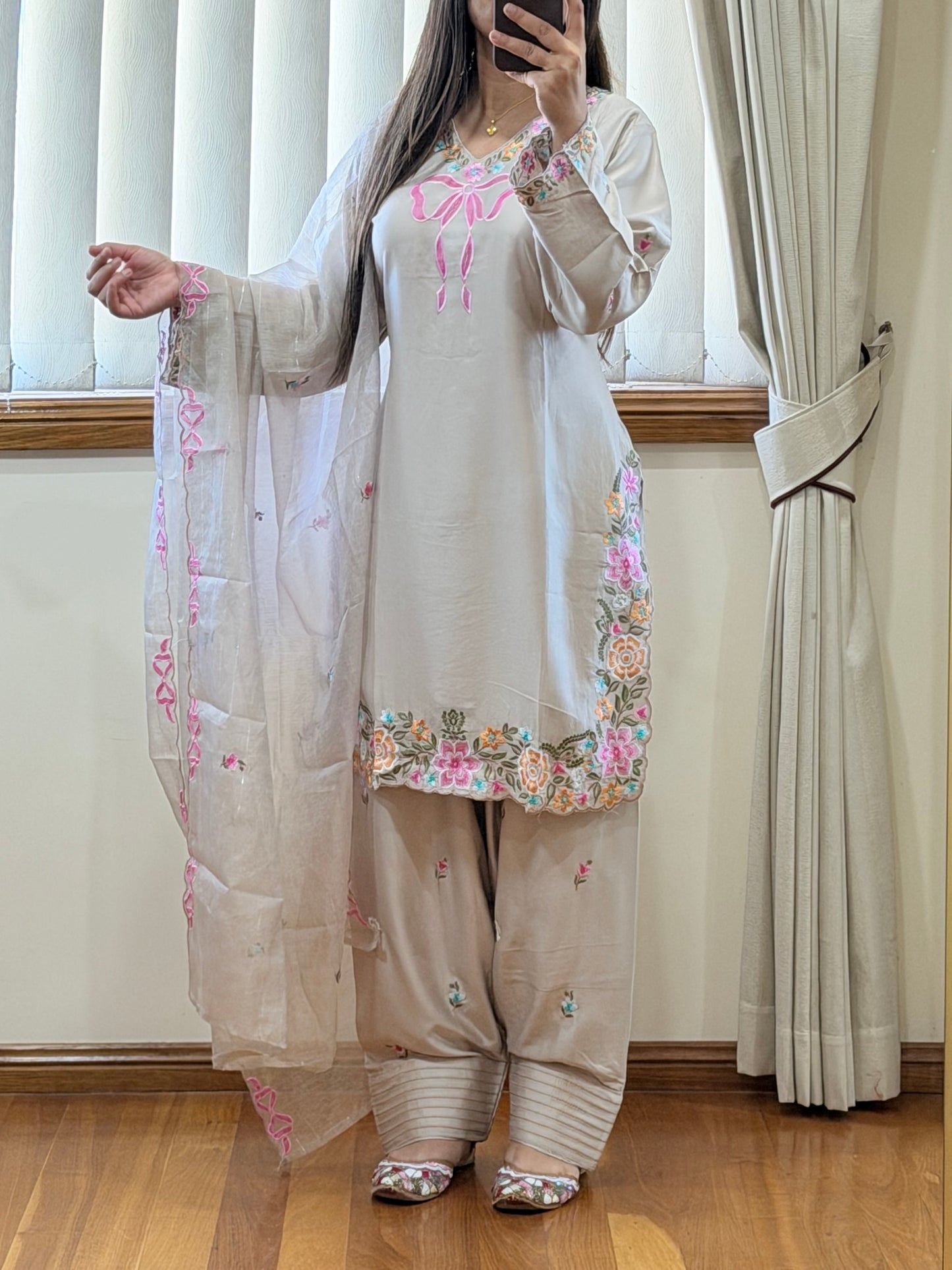 Premium Satin Rayon Embroidered Suit Set with Farshi Salwar