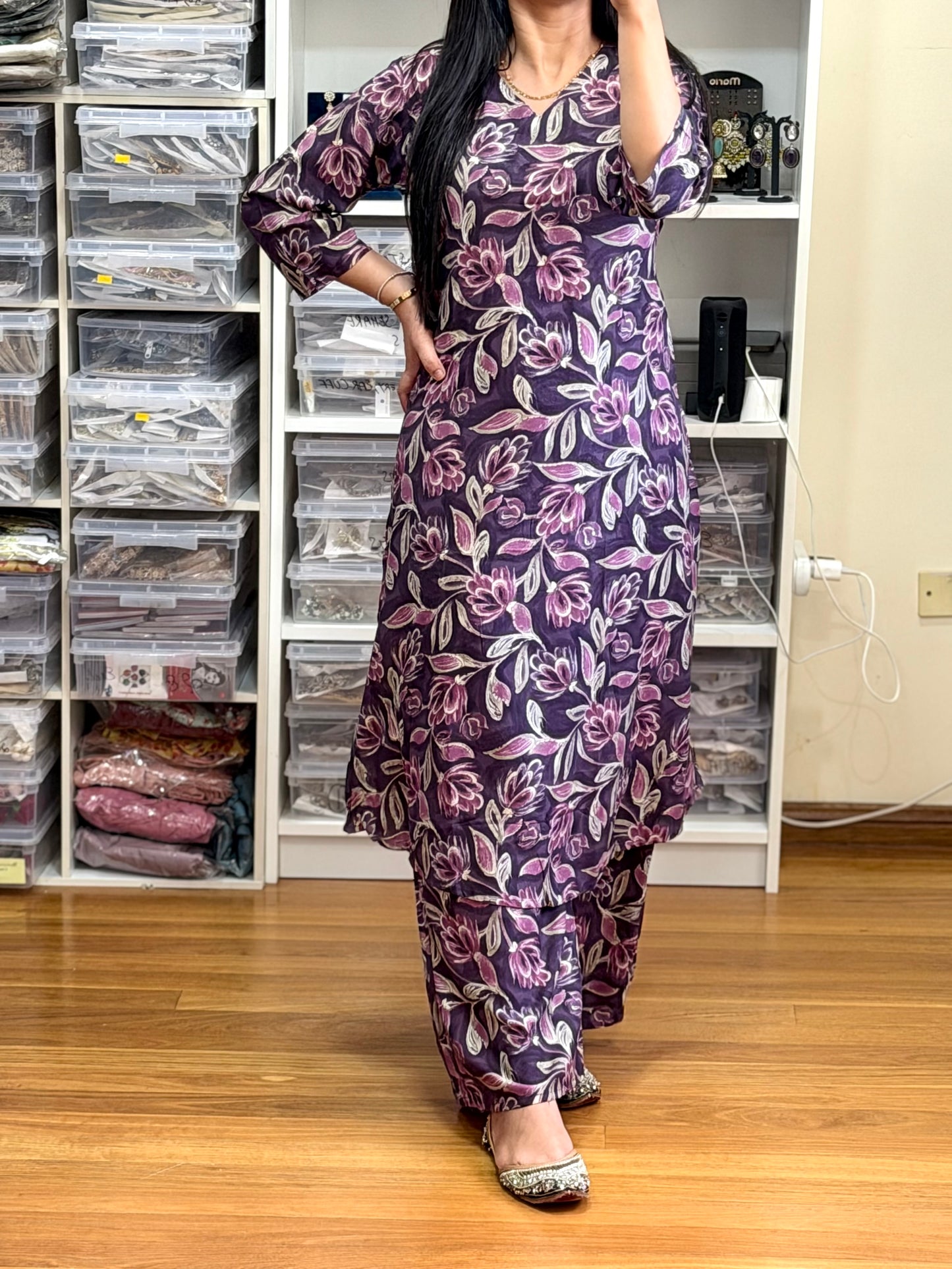 Elegant plum purple cotton cord set with beautiful floral print