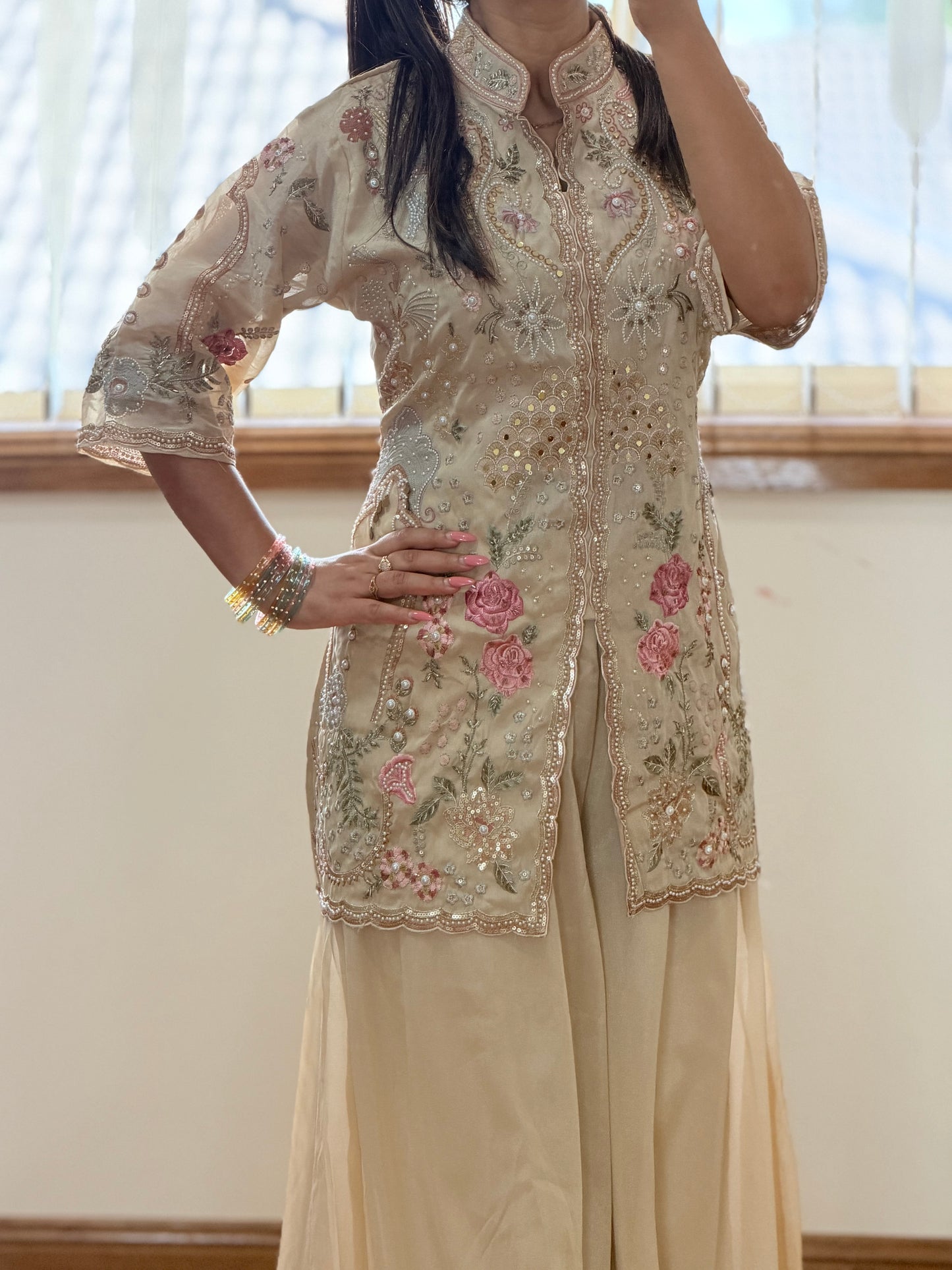 Premium Shimmar Silk Pakistani Style Palazzo Set ( Ready size 42 margin upto 44)