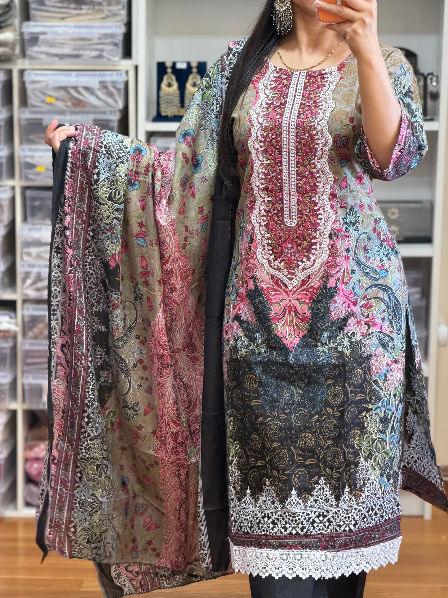 Elegant Cotton Pakistani Suit with Neck Patch & Digital Print