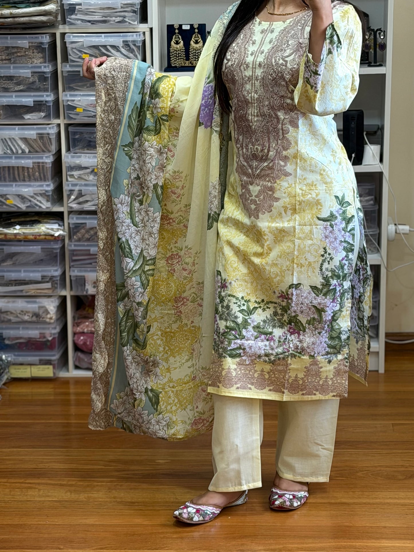 Elegant Cotton Pakistani Suit with Neck Patch & Digital Print