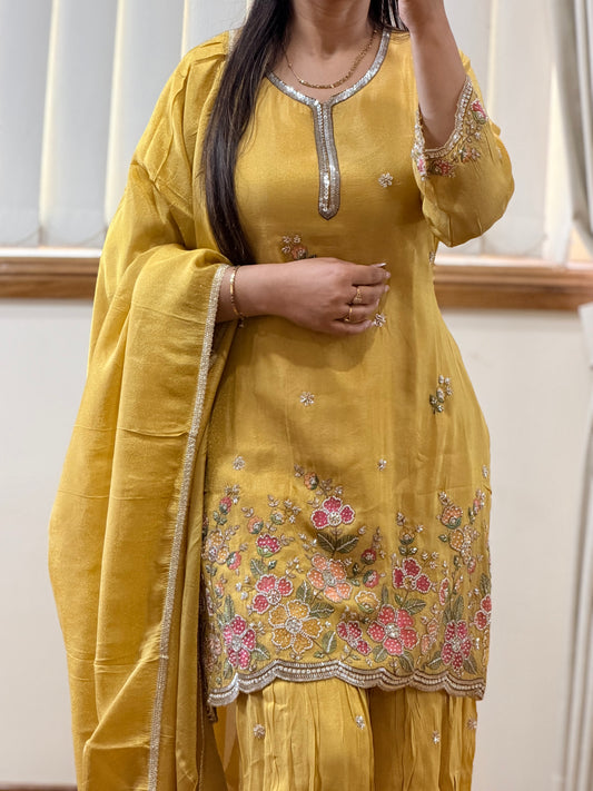 Premium Handwork Yellow Gharara Suit (Ready Size 38 withMargin Up to 40)