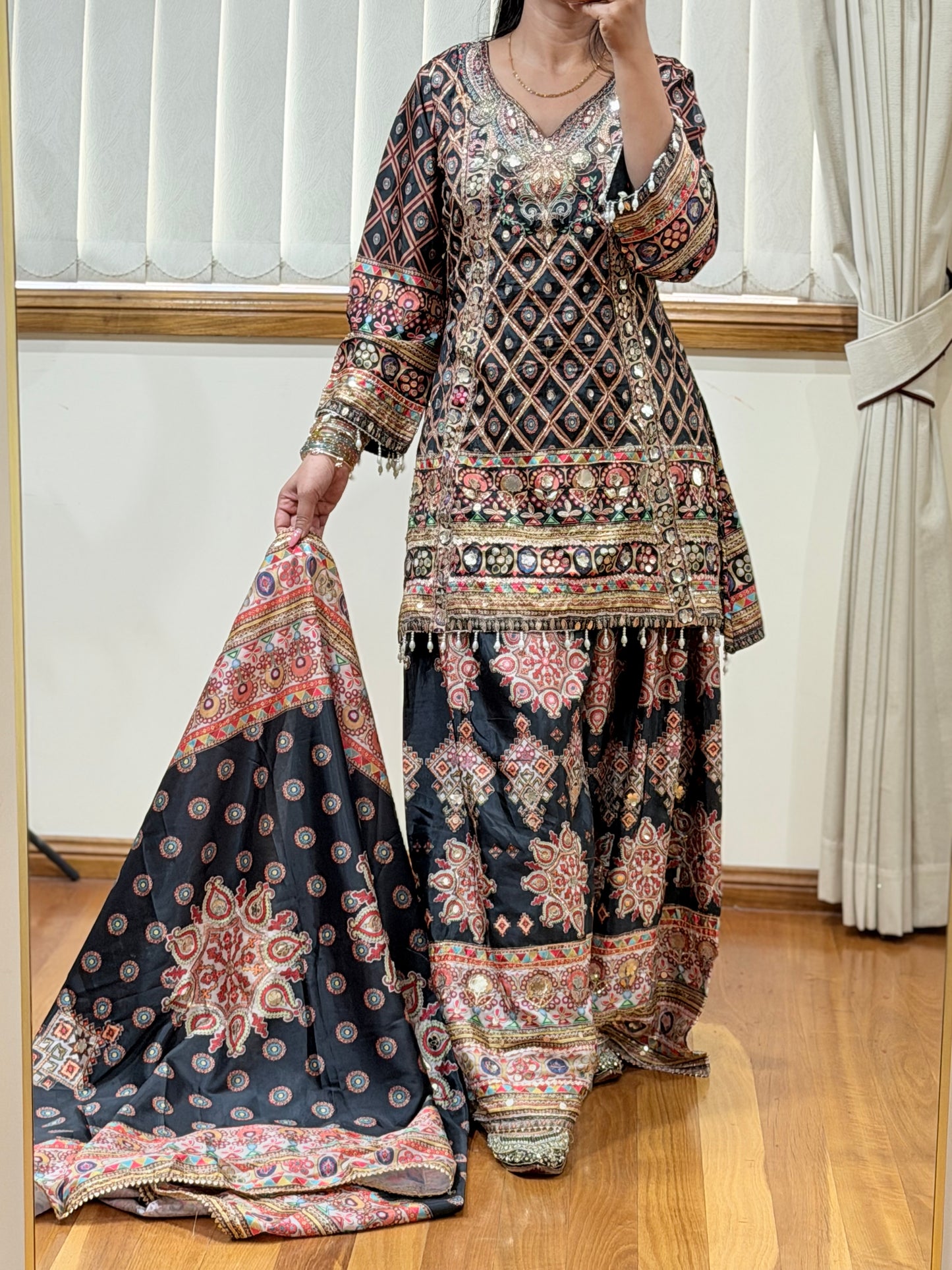 Elegant Sharara Suit with Intricate Aari & Gota Detailing