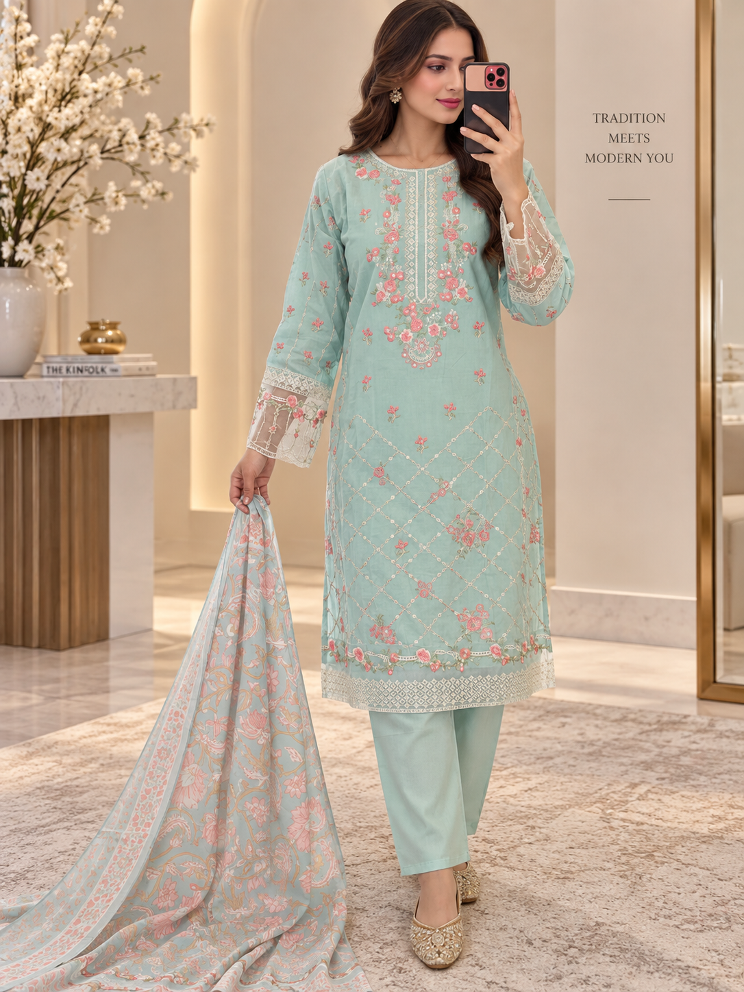 Pastel Mint Embroidered Cotton Suit