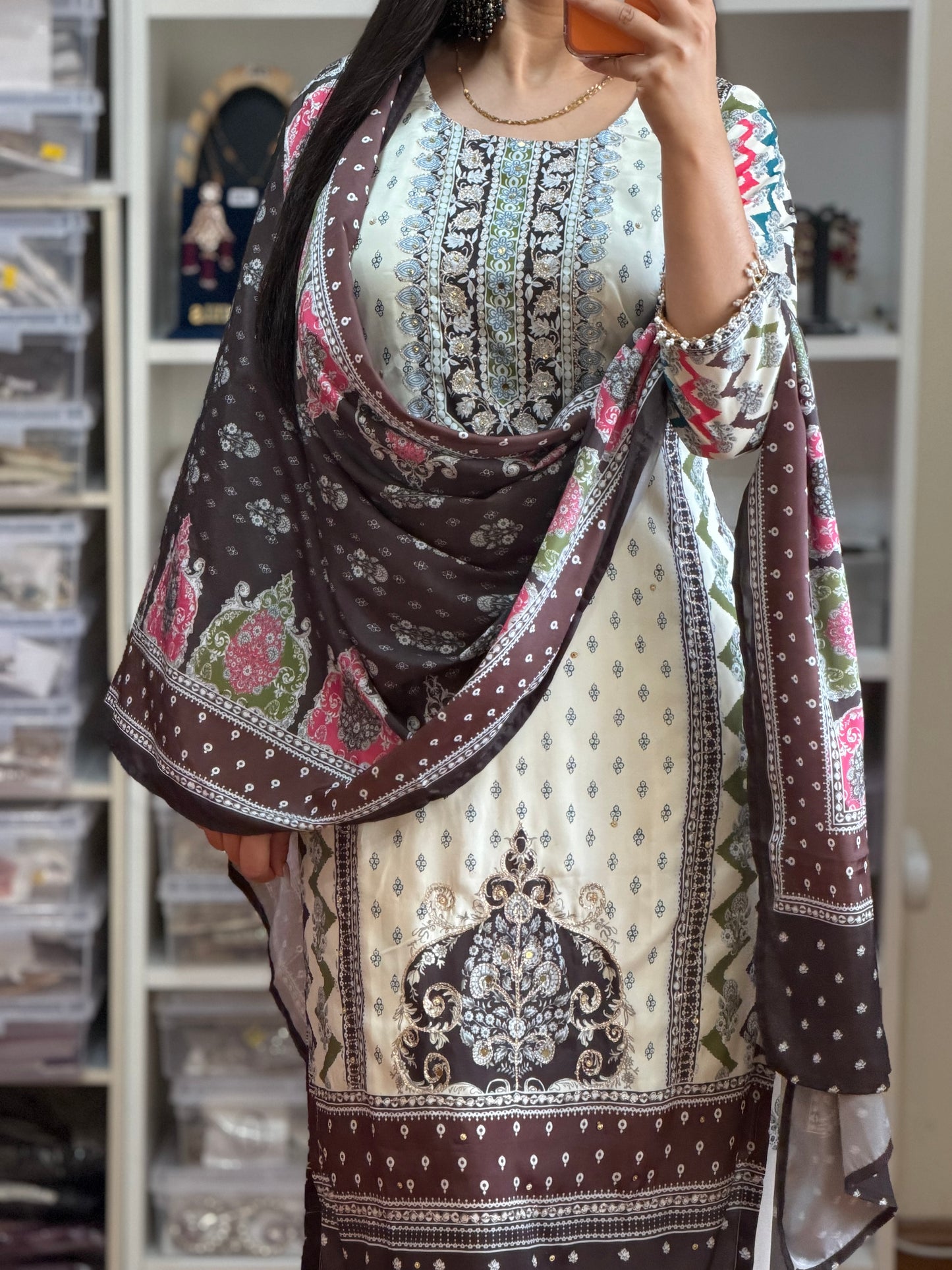 Cream / Off-White  Printed Crepe Silk Suit with Mirror & Tilla