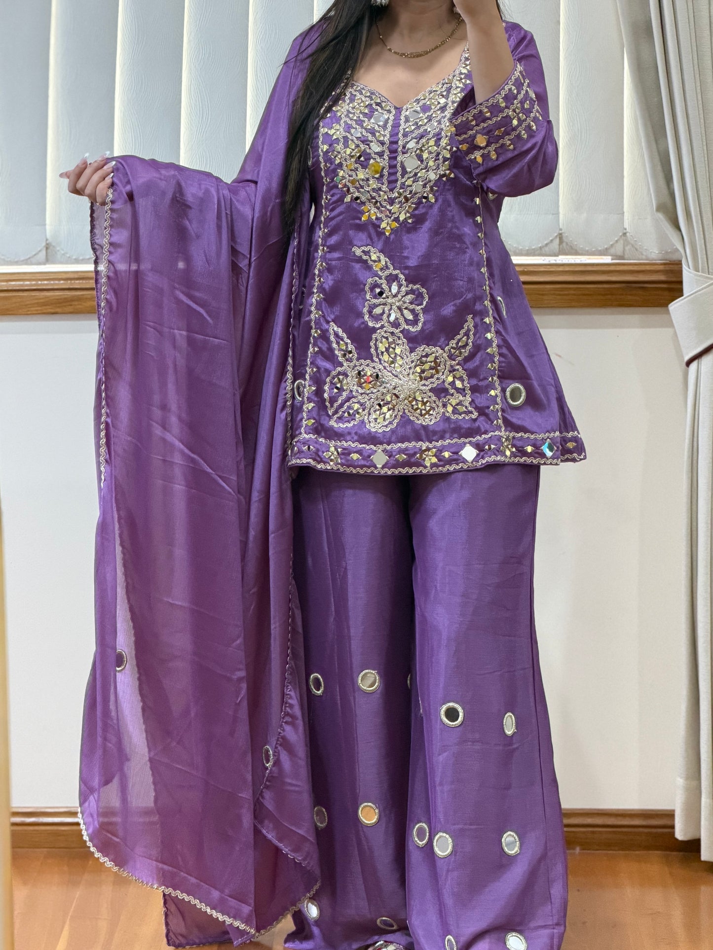 Premium Simar Silk Hand Mirror Work Gharara Set (Ready Size: 39 with margin upto 42)