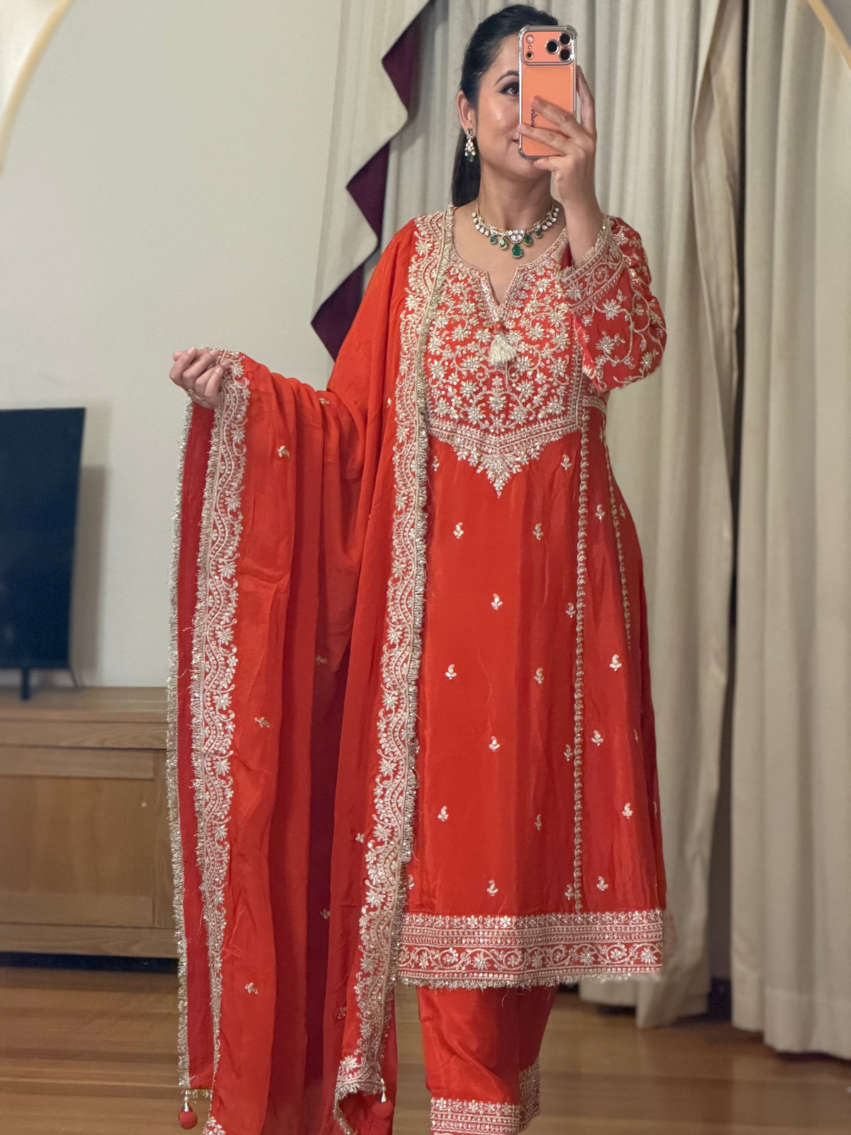 Pure Tissue Heavy Handwork Frock Style Suit ✨(Orange colour)