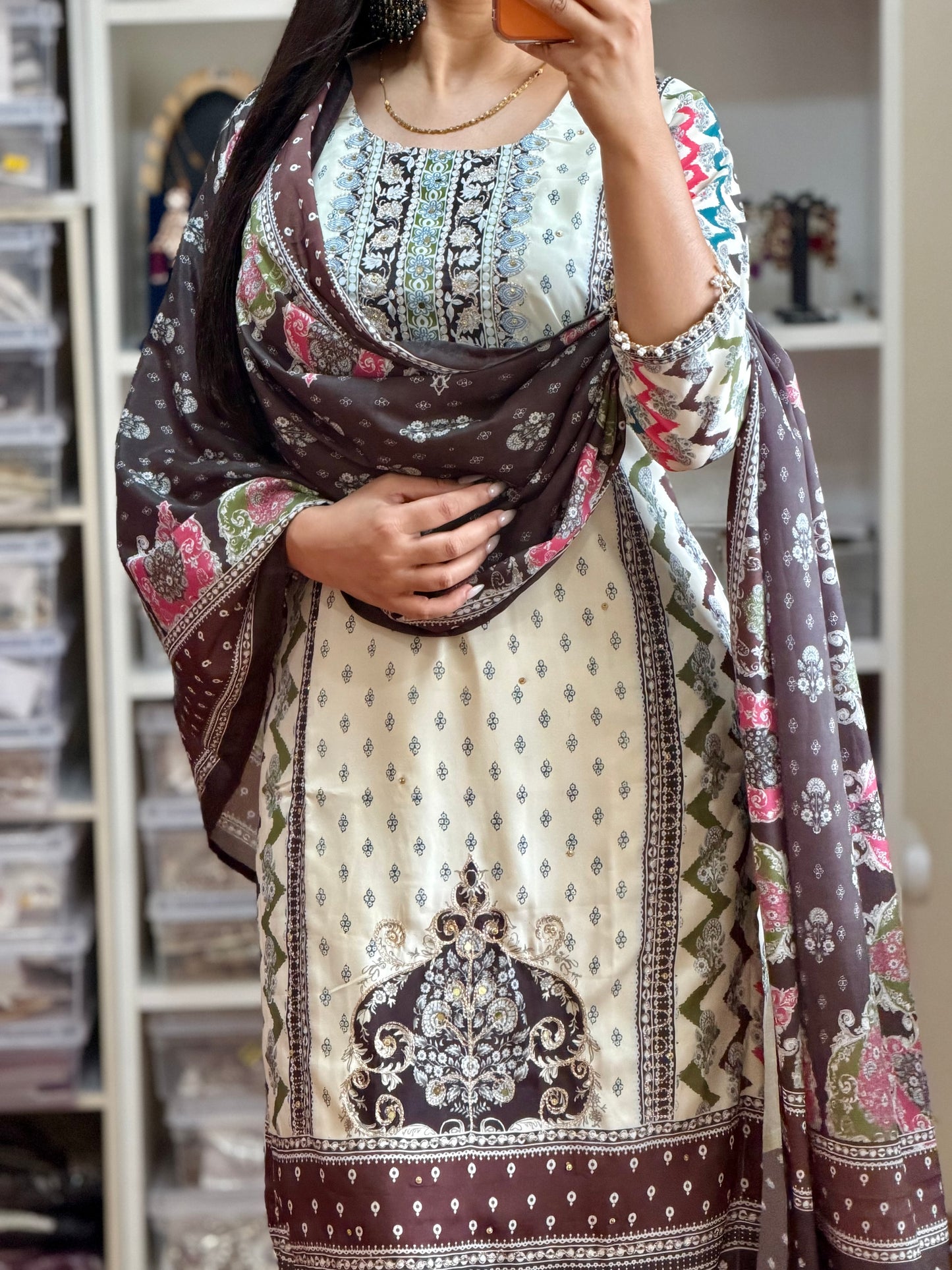 Cream / Off-White  Printed Crepe Silk Suit with Mirror & Tilla