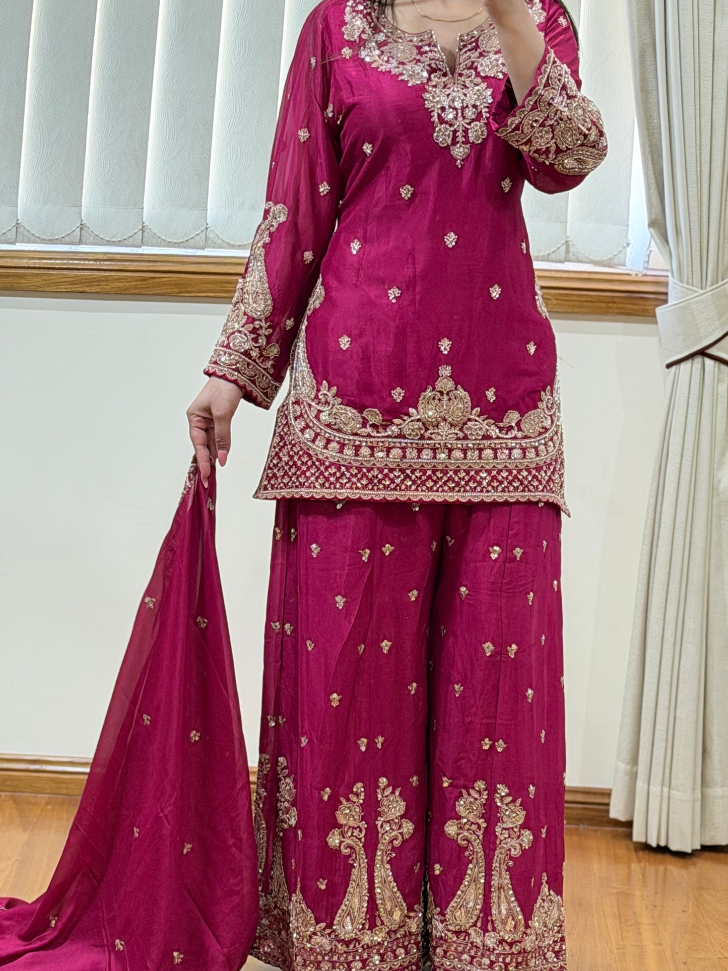 Premium Chinon Silk Sharara Set (Ready size 42 with margin upto 46)