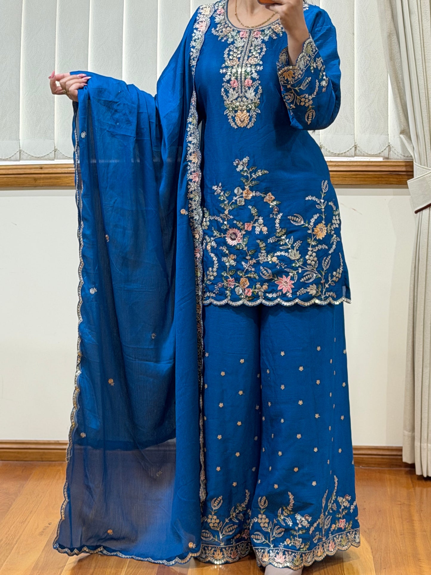Premium Blooming Chinon Embroidered Plazo Suit Set