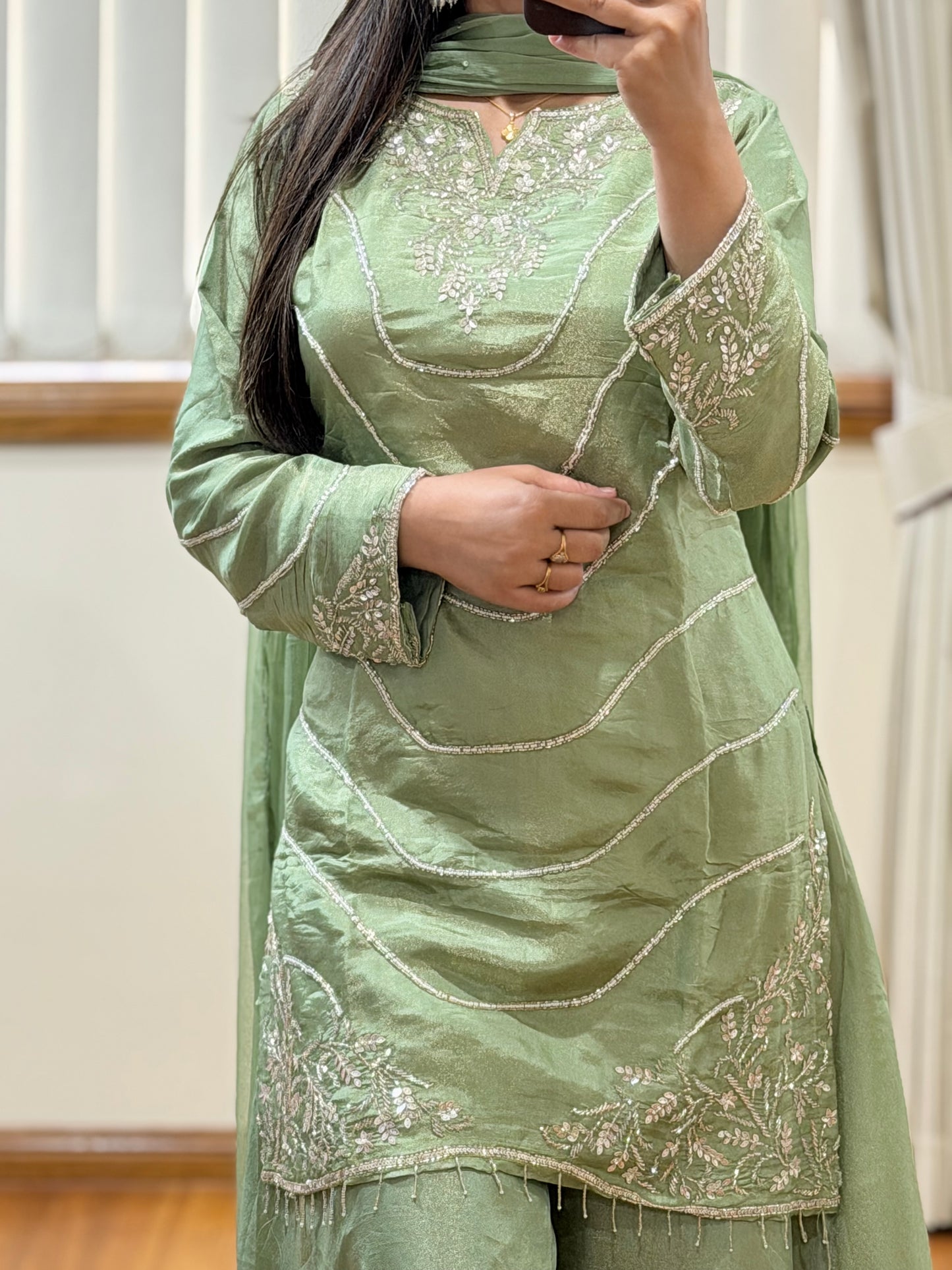 Pure Viscose Shimmer Suit with Heavy Handwork