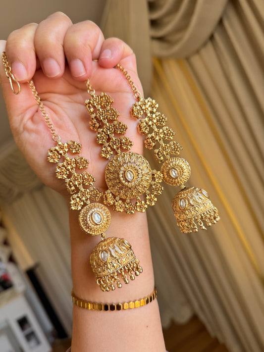 Premium gold look jhumki tikka set