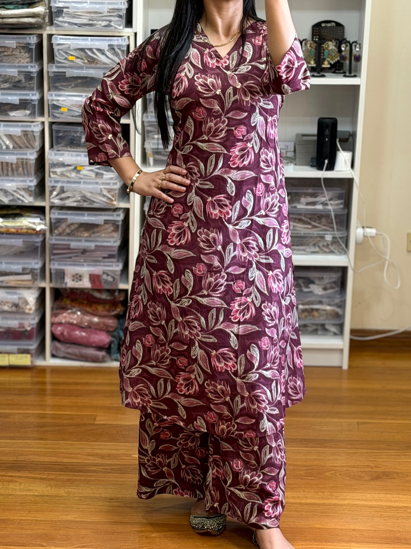 Beautiful wine maroon cotton cord set with elegant floral print 💕