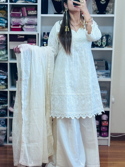 Fully embroidered peplum style off white dress