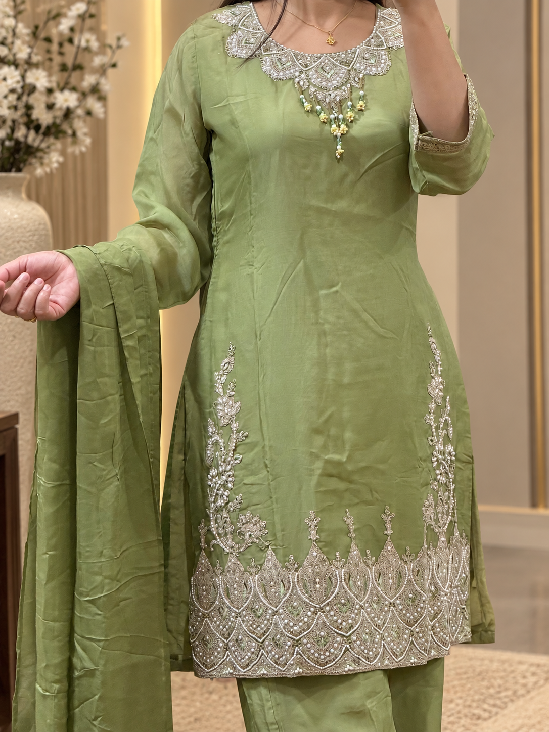 ✨ Premium Natural Satin Embroidered Suit