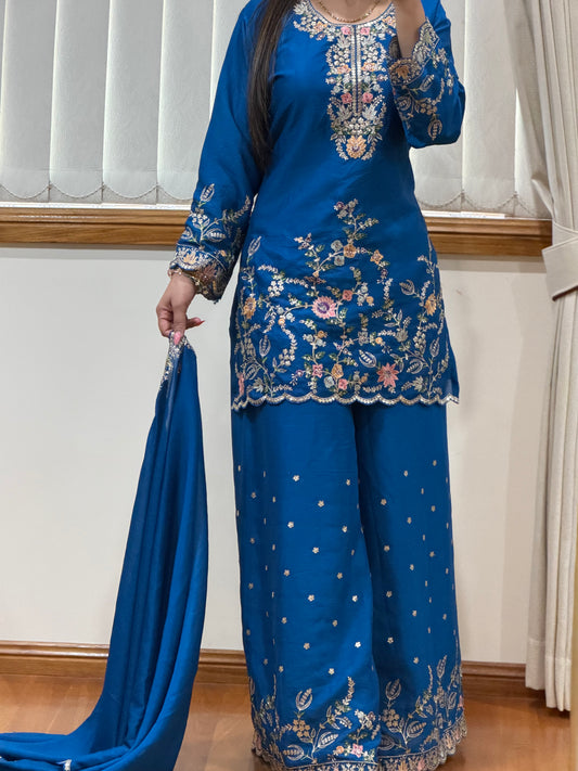 Premium Blooming Chinon Embroidered Plazo Suit Set