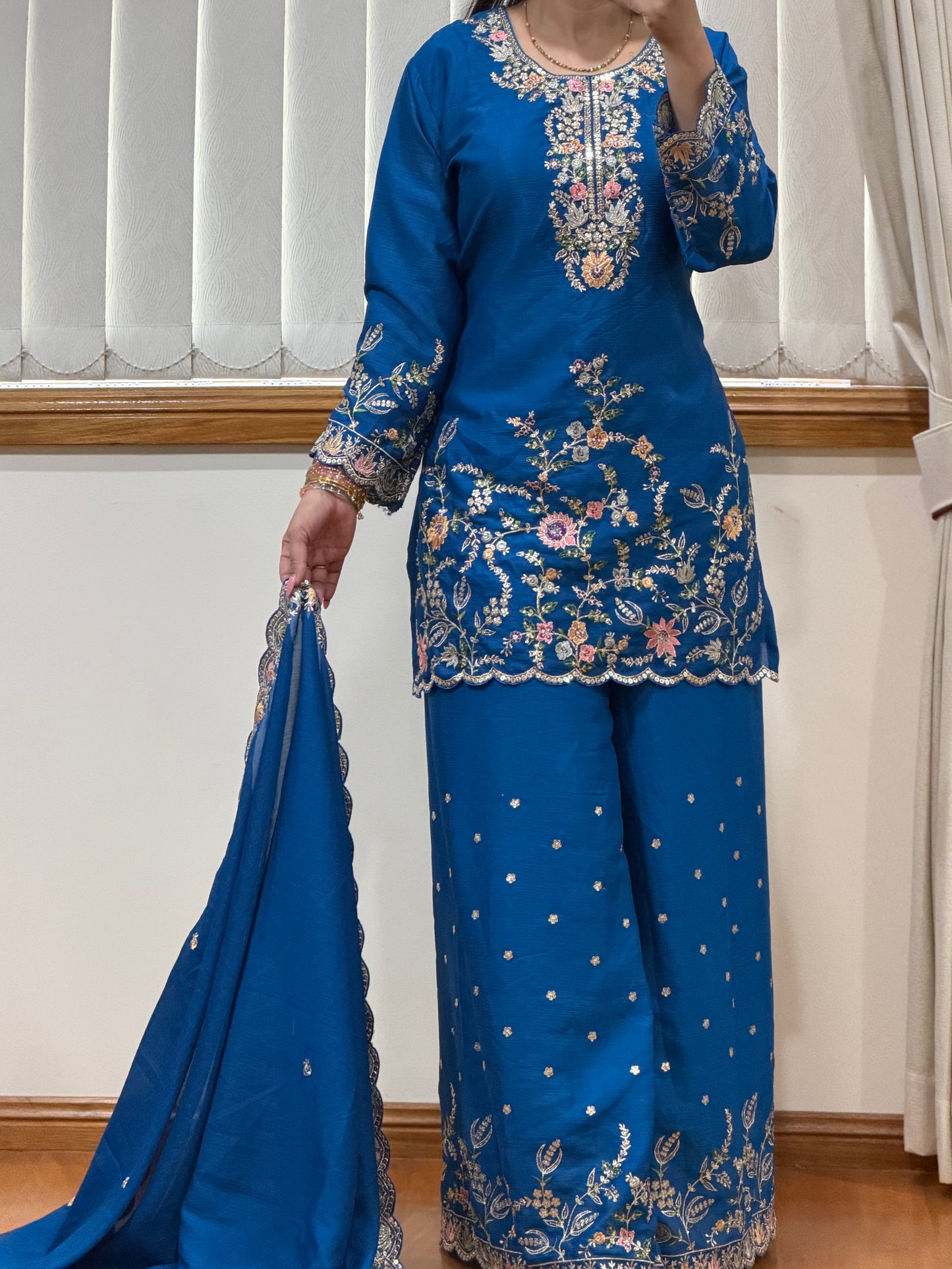 Premium Blooming Chinon Embroidered Plazo Suit Set