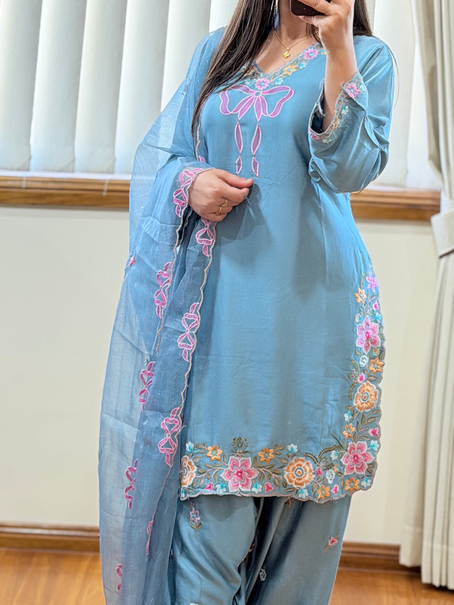 Premium Satin Rayon Embroidered Suit Set with Farshi Salwar