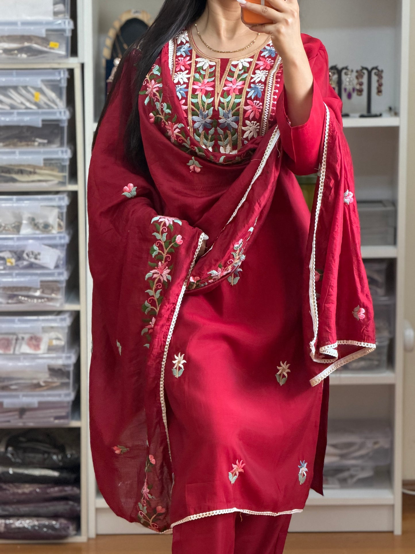Maroon Roman Silk Embroidered Suit