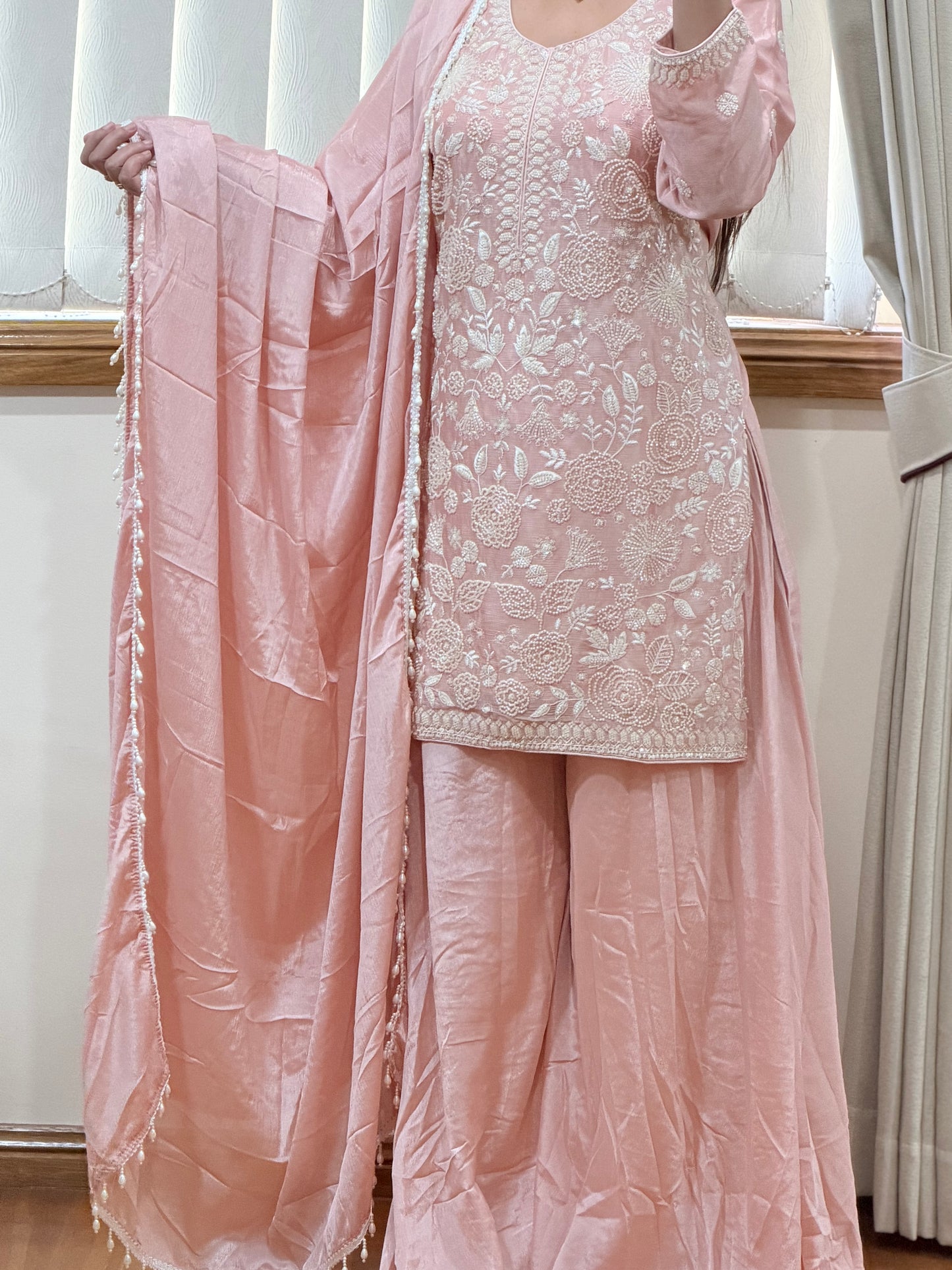 Premium Pure Chinon Heavy Beads Work Sharara Suit(Pastel Pink / Blush Pink)