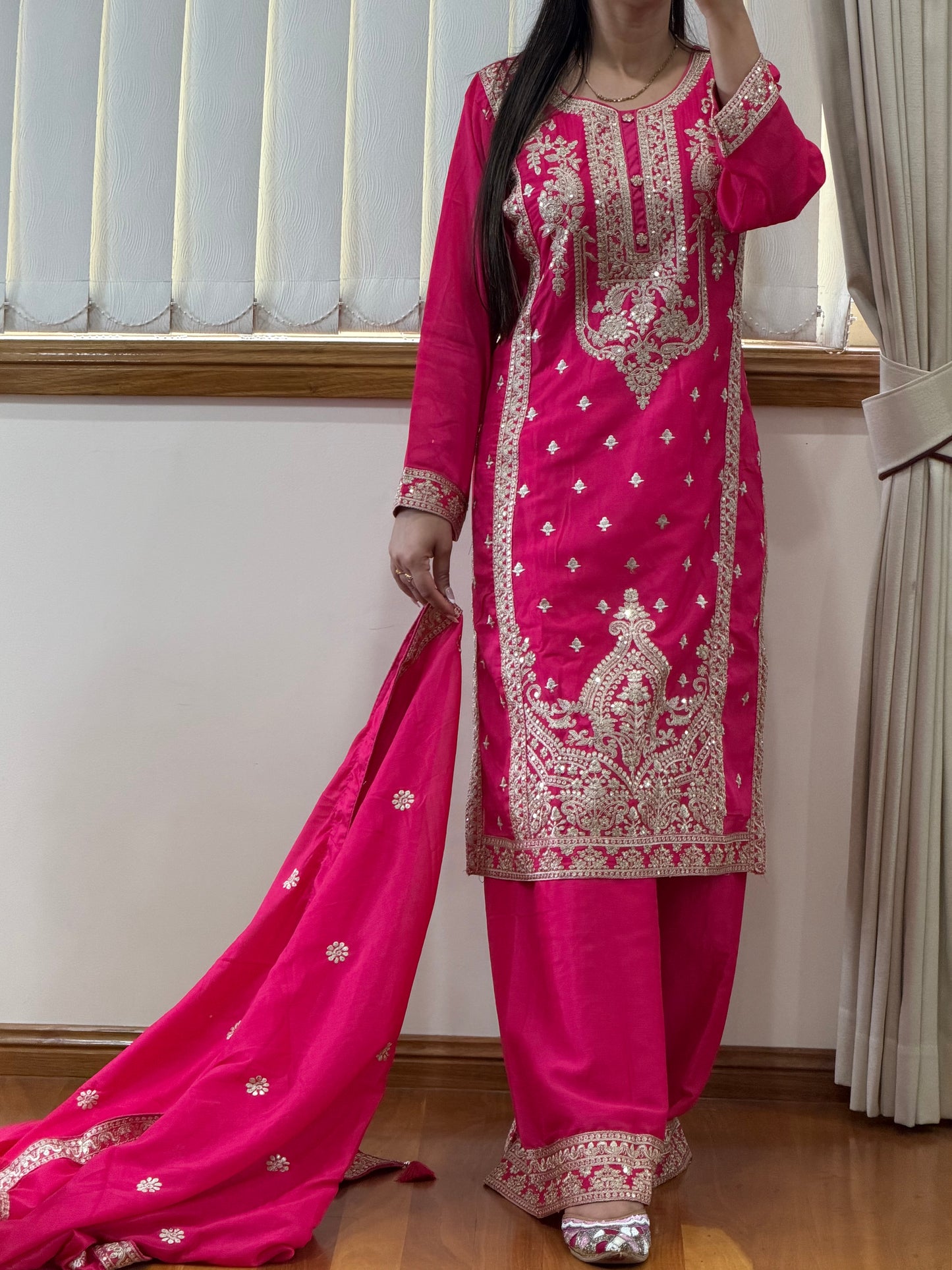 Premium Chinon Silk Heavy Embroidered Suit Set ( Ready size 44 with margin upto 46)