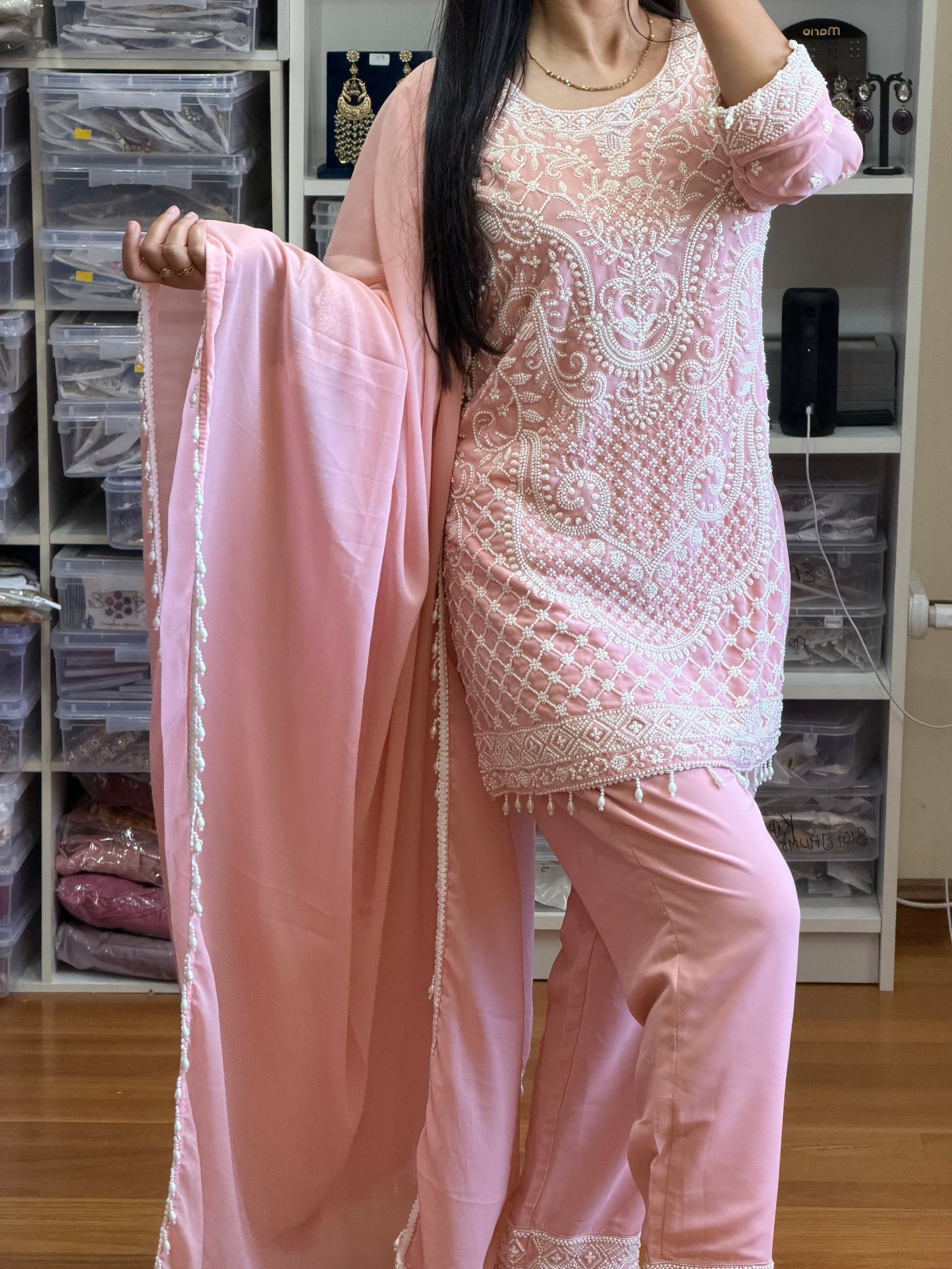 Premium Pearl Embellished Suit for Special Occasions(Ready size 43 with margin up to 46)