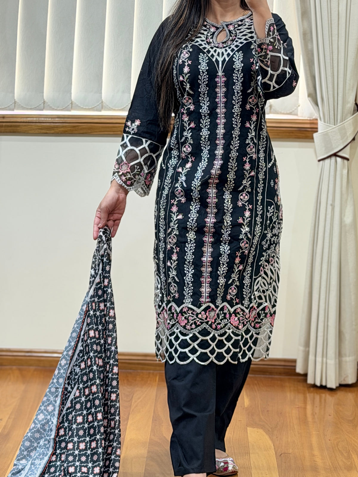 Black Embroidered 3-Piece Suit Set( Ready size 39 inches)