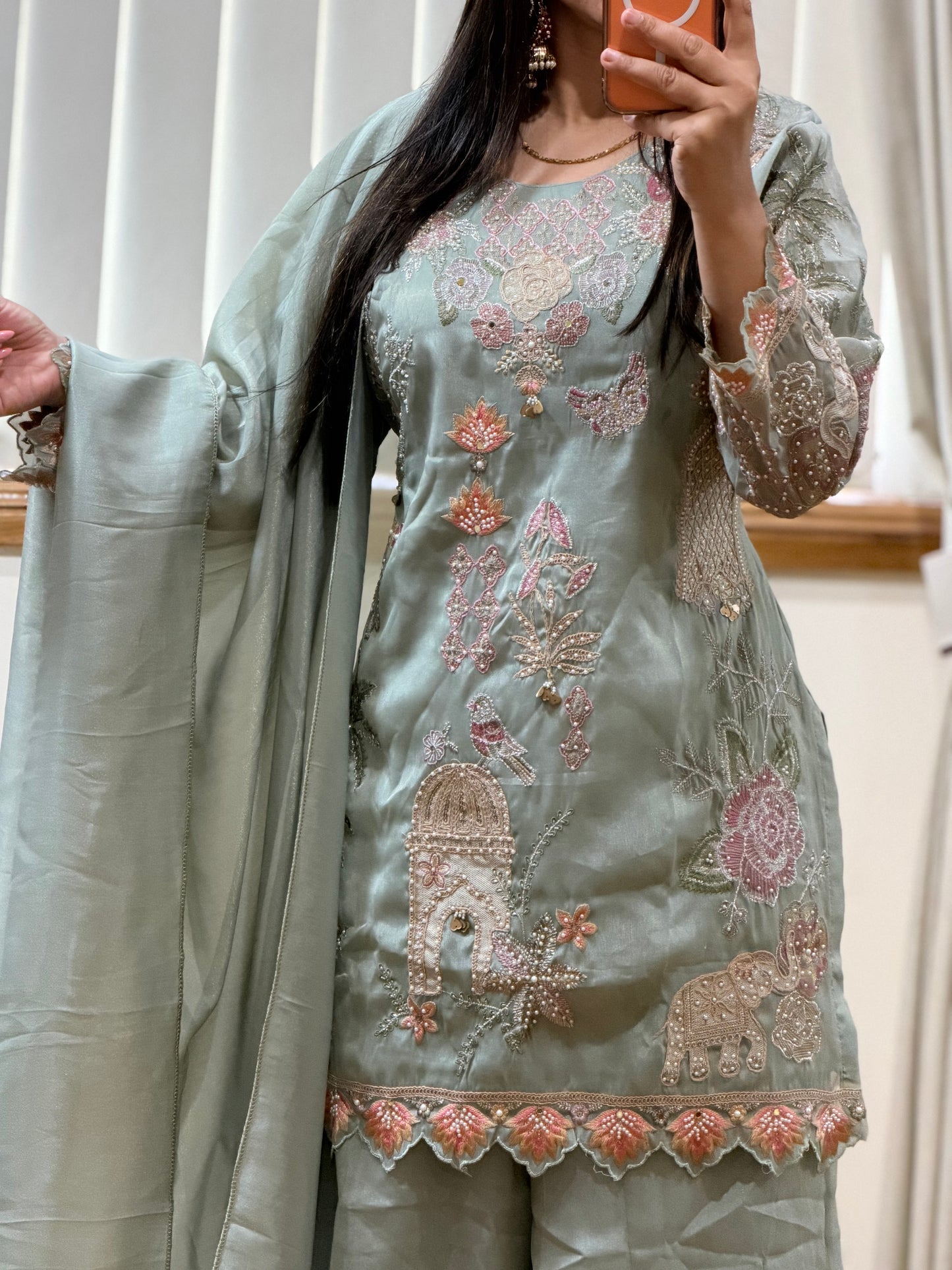 Premium Shimmer Silk Embroidered Suit Set with Sharara( Ready size 42 with margin upto 44)