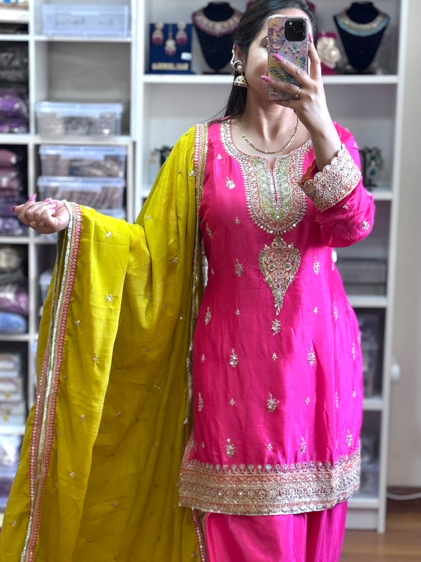 PREMIUM CHINON FARSHI SALWAR SUIT(Ready size 42 with margin upto 46)